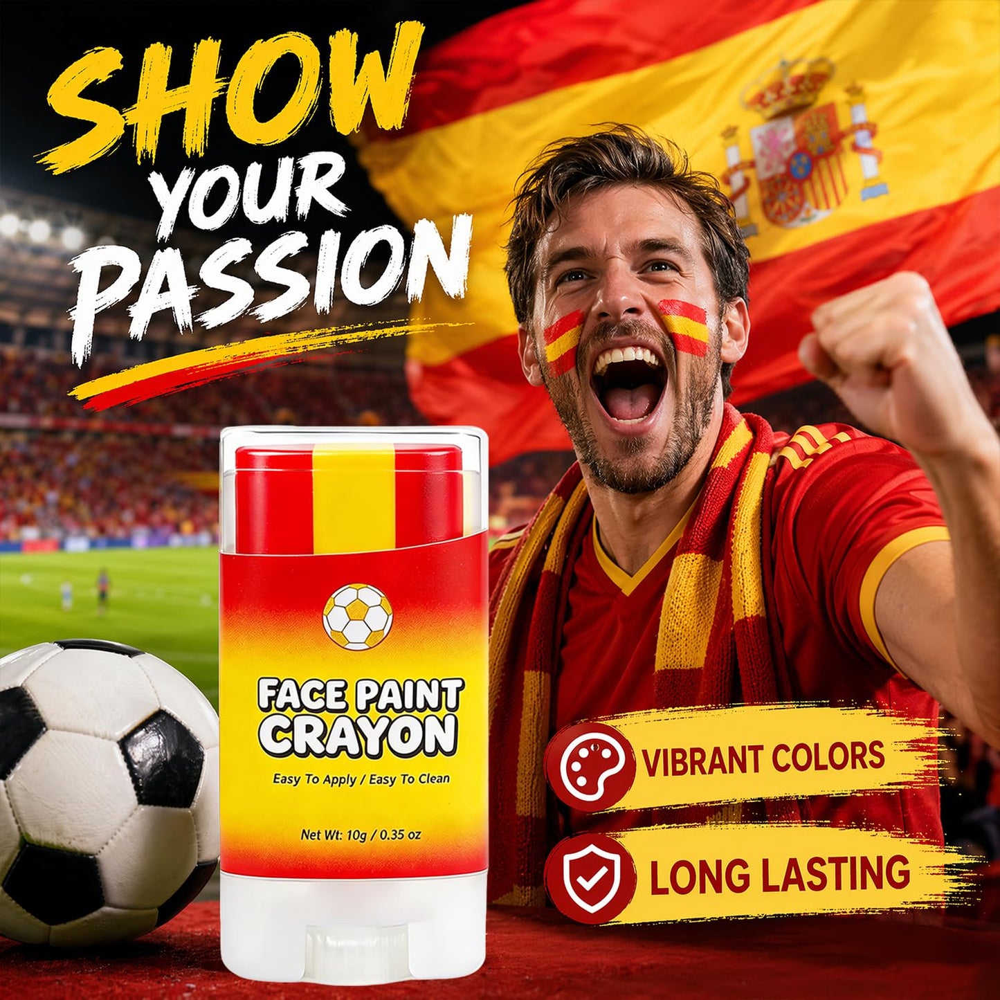 Red Yellow and Red Eye Black, Baseball Face Paint, Spain Softball Face Paint, Brazil World Cup Jersey 2026, Sports Yellow Spain Flag Face Paint Stick Beauty and Personal Care Lulesi