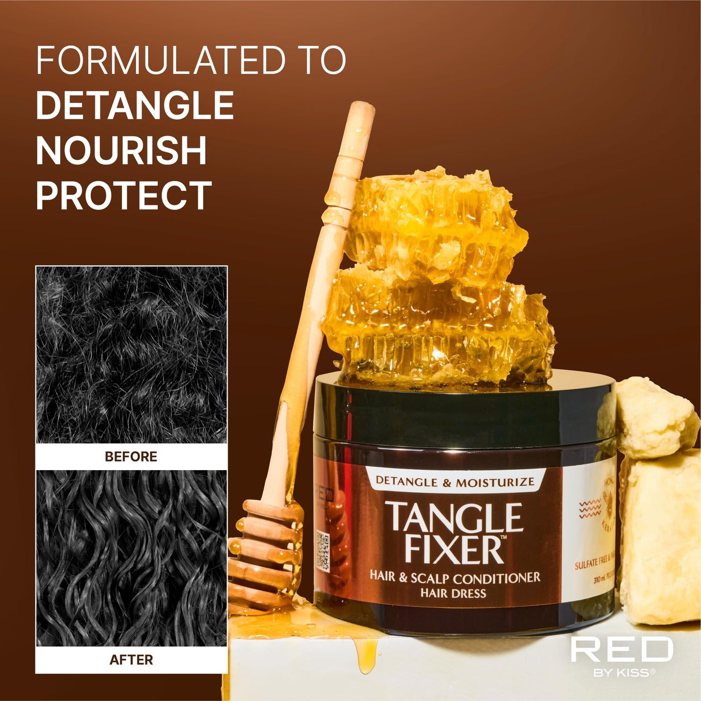 Red by Kiss Tangle Fixer with Honey & Keratin, Sulfate-Free Hair & Scalp Conditoner Dress for Shine & Frizz Protection, Mango & Peach Scent