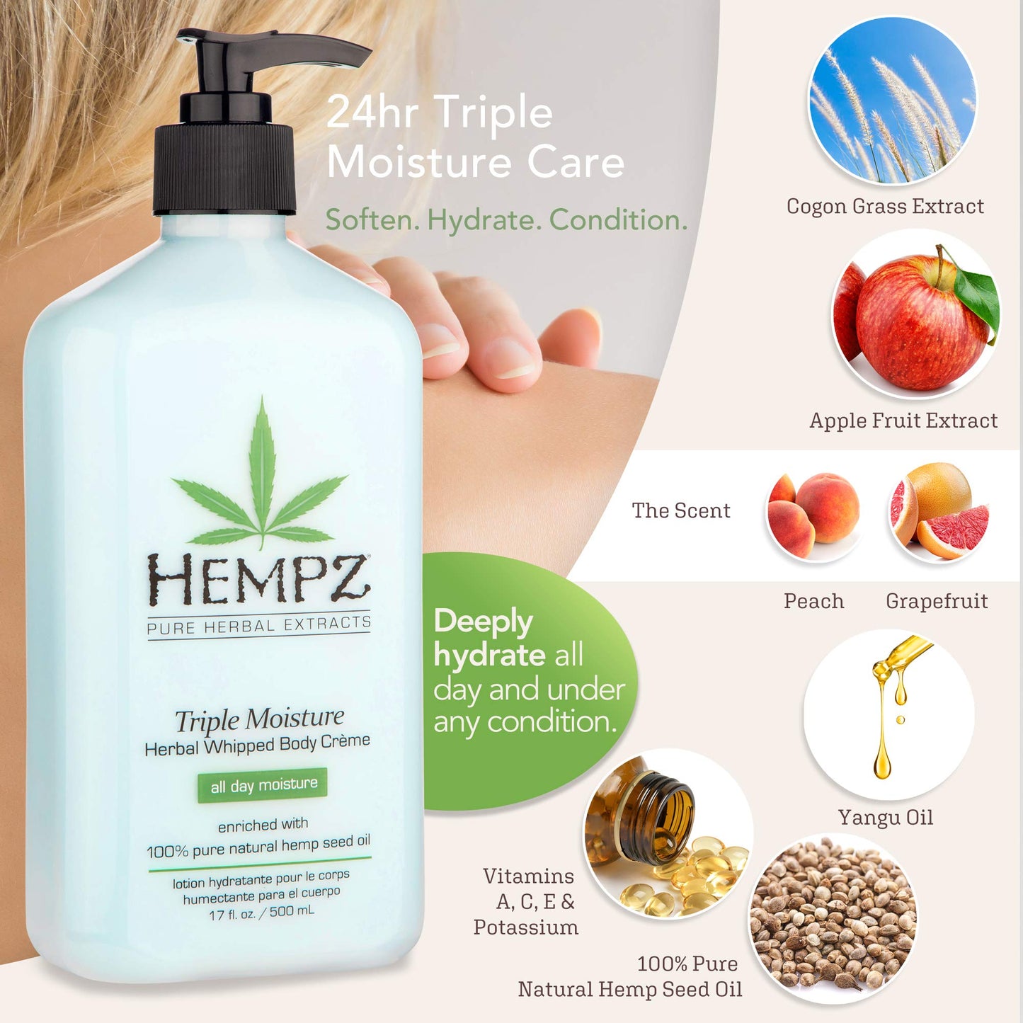 Hempz Natural Triple Moisture Herbal Whipped Body Cream with 100% Pure Hemp Seed Oil for 24-Hour Hydration, Moisturizing Vegan Skin Lotion with Yangu