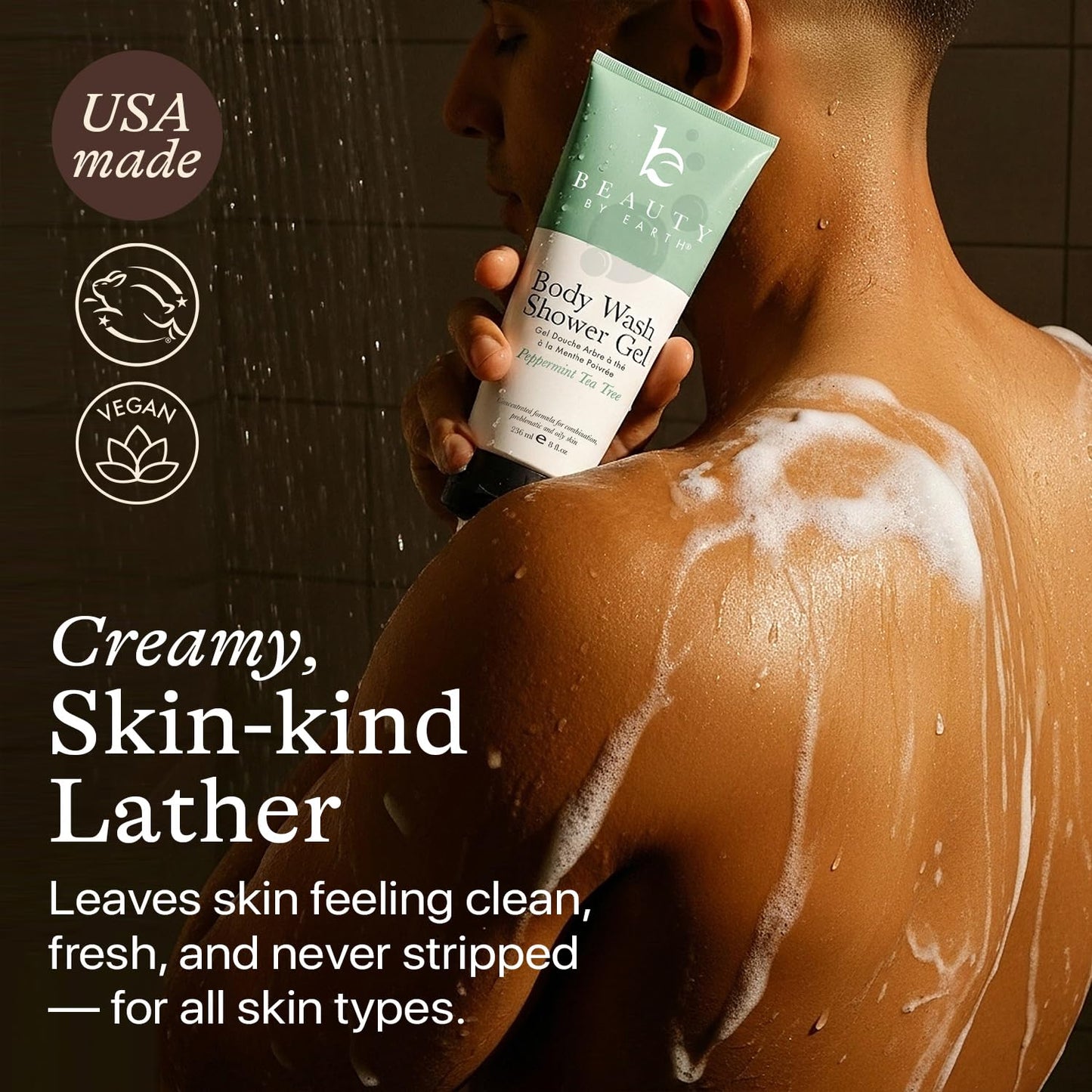 Beauty by Earth Peppermint Tea Tree Oil Shower Gel Body Wash - Made in USA with Organic & Natural Ingredients, Mens Body Soap Liquid, Moisturizing