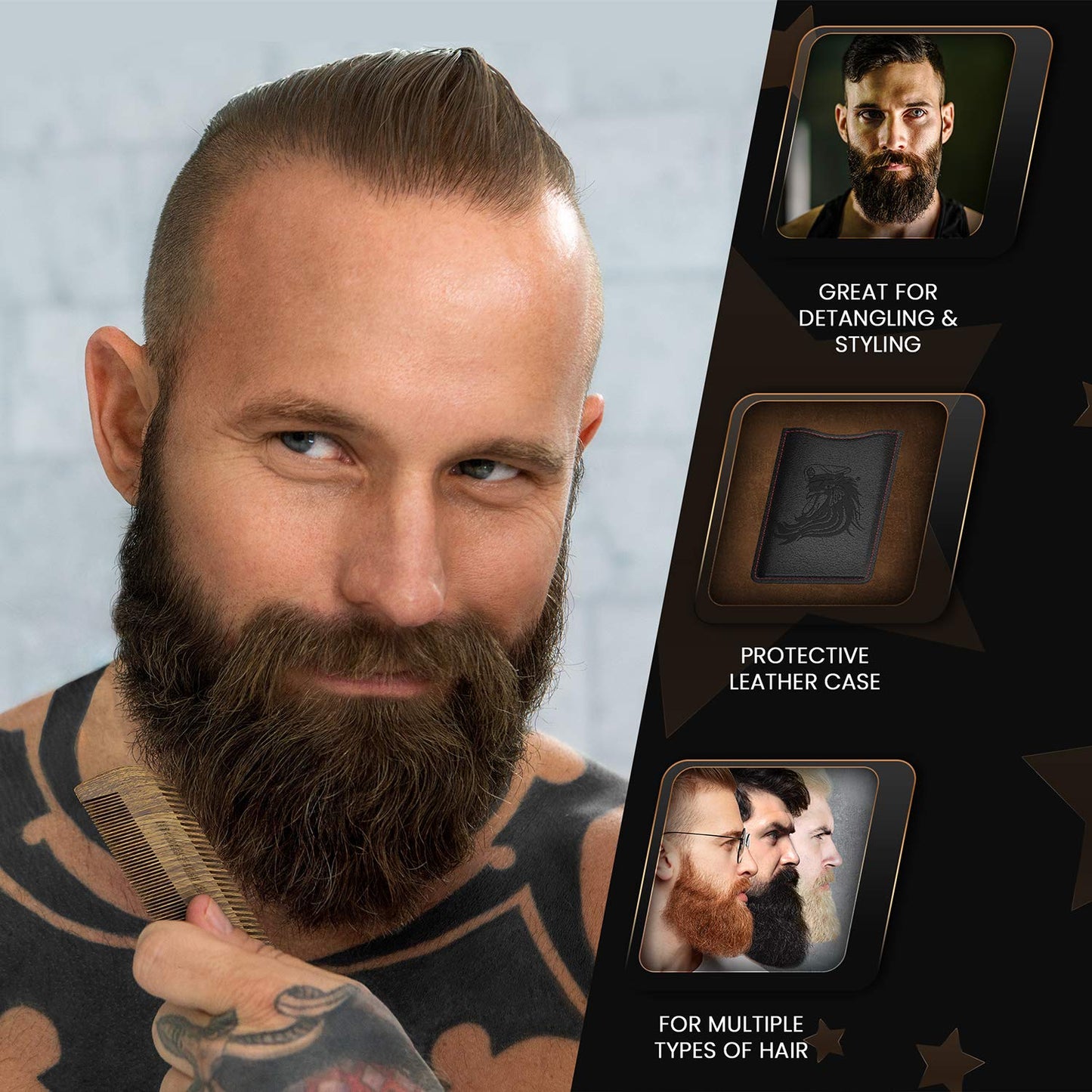 Bossman Pocket Size Sandalwood Comb with Protective Case - Fine and Wide Tooth for Beard, Mustache, and Hair Shaping Tool
