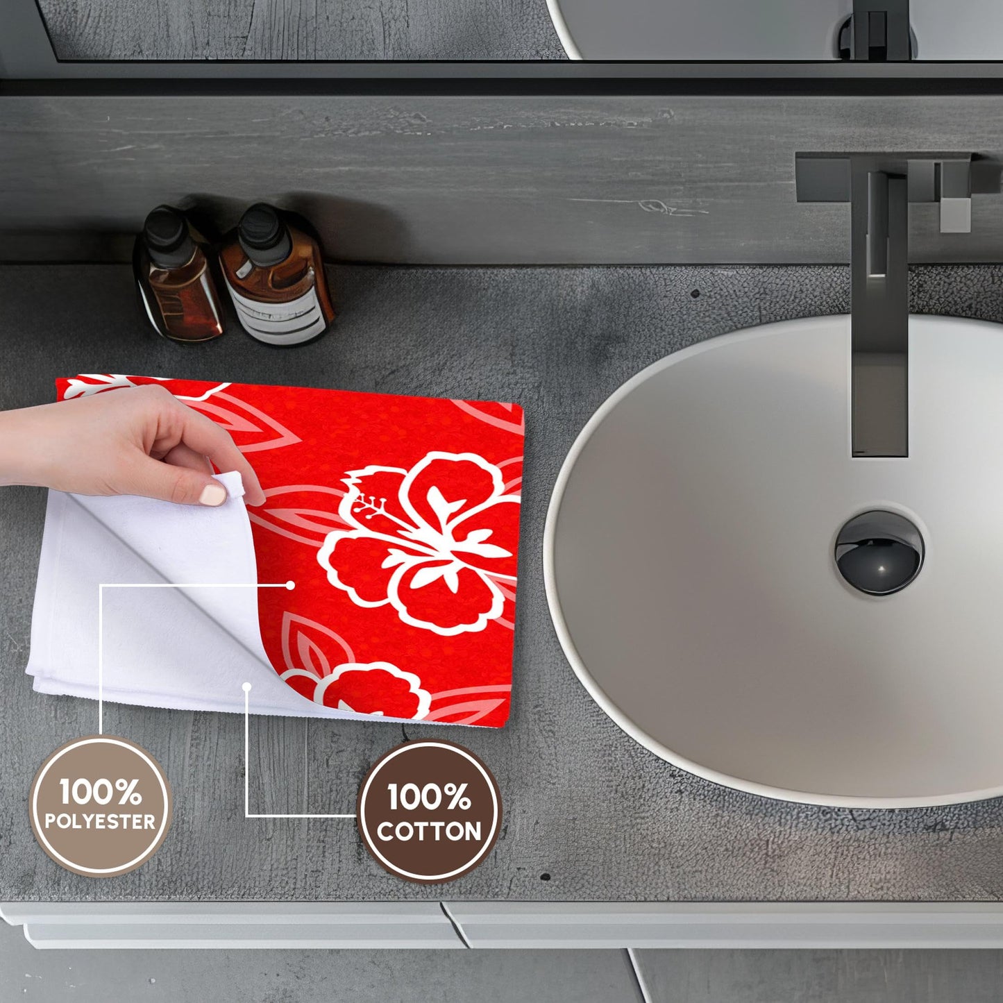 3D Rose Hawaiian Hibiscus Flower Print-Red and White Hand/Sports Towel, 15 x 22