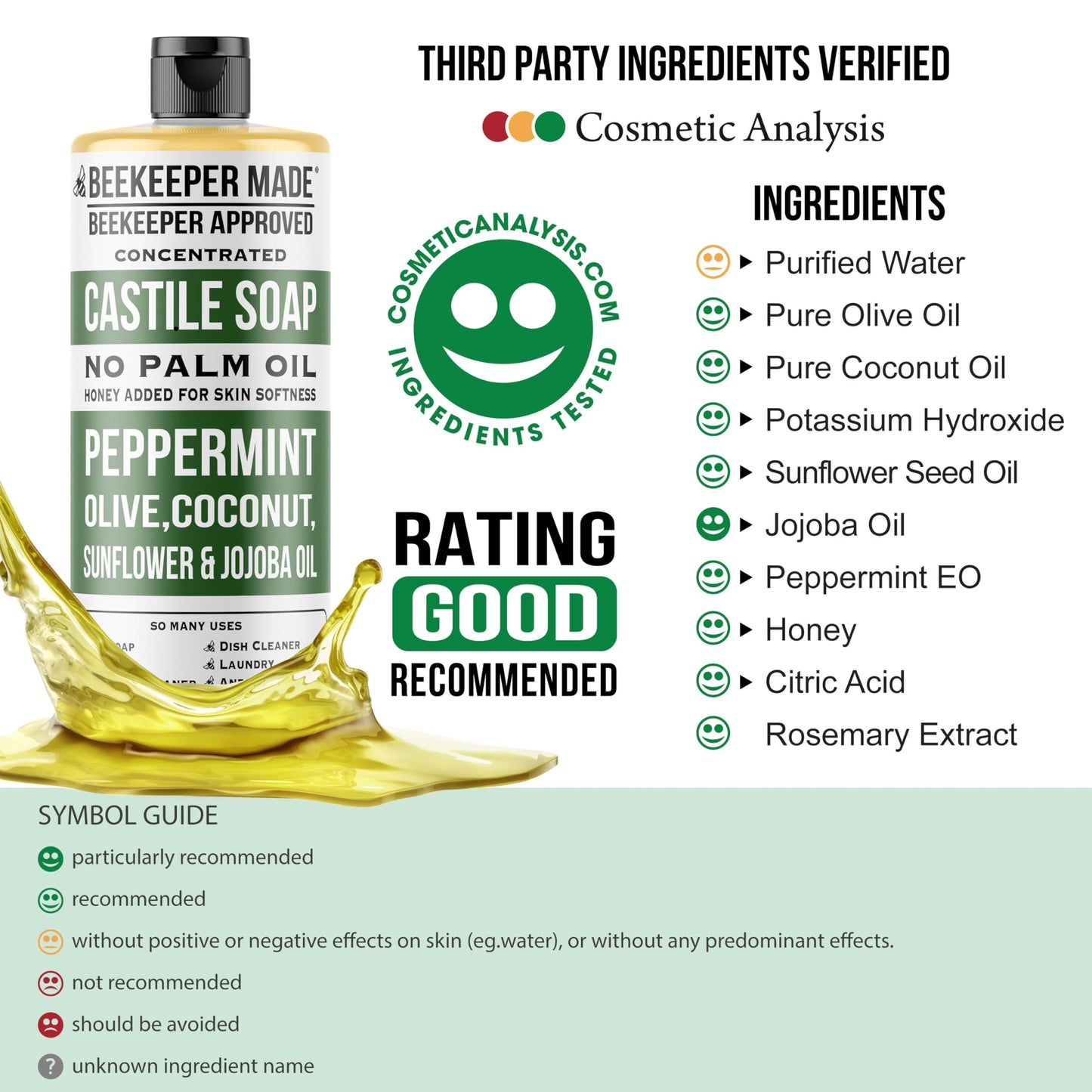 Beessential Beekeeper Made Natural Castile Soap, 32 fl oz | No Palm Oil, 8 Ingredients, Pure Olive, Coconut, & Sunflower Oils, GMO Free, For Sensitive
