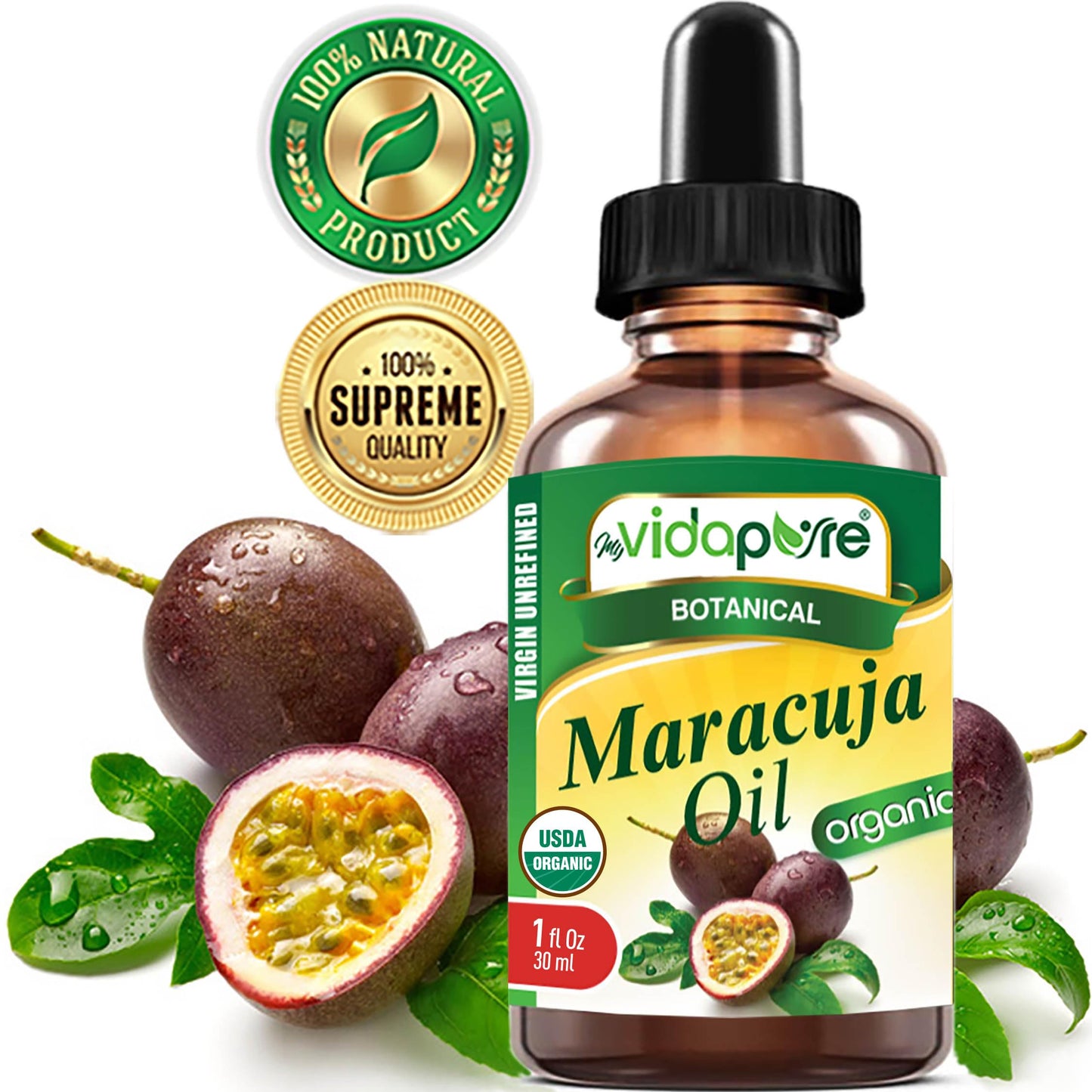MYVIDAPURE Organic MARACUJA OIL Passion Fruit Certified Organic 100% Natural, Pure WILD GROWTH VIRGIN UNREFINED Brazilian for Skin, Face, Hair, Lip