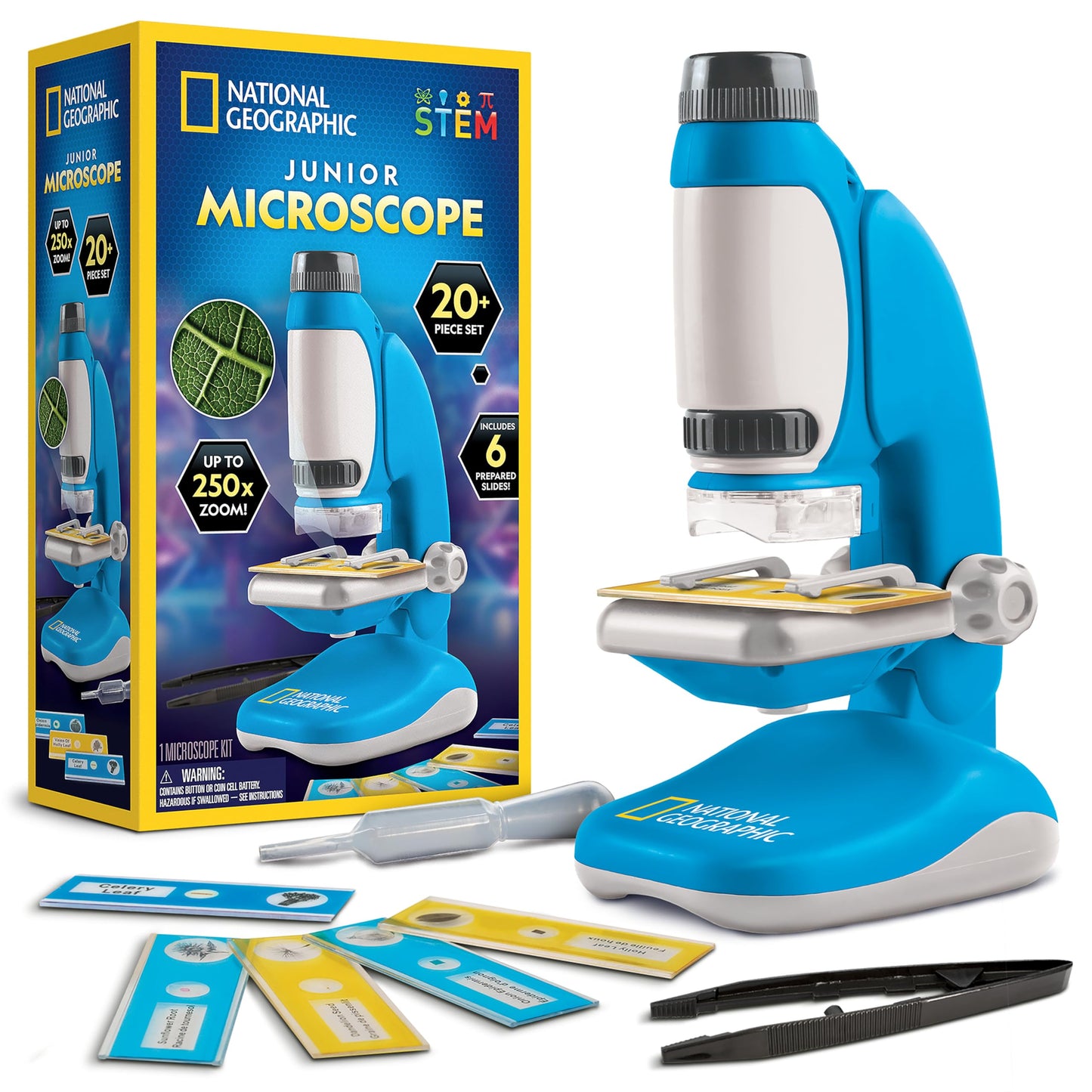 Blue Marble National Geographic Junior Microscope – Kids Science Kit with 250x Magnification, 12 Slides & Lab Guide, STEM Toy Ages 6–12