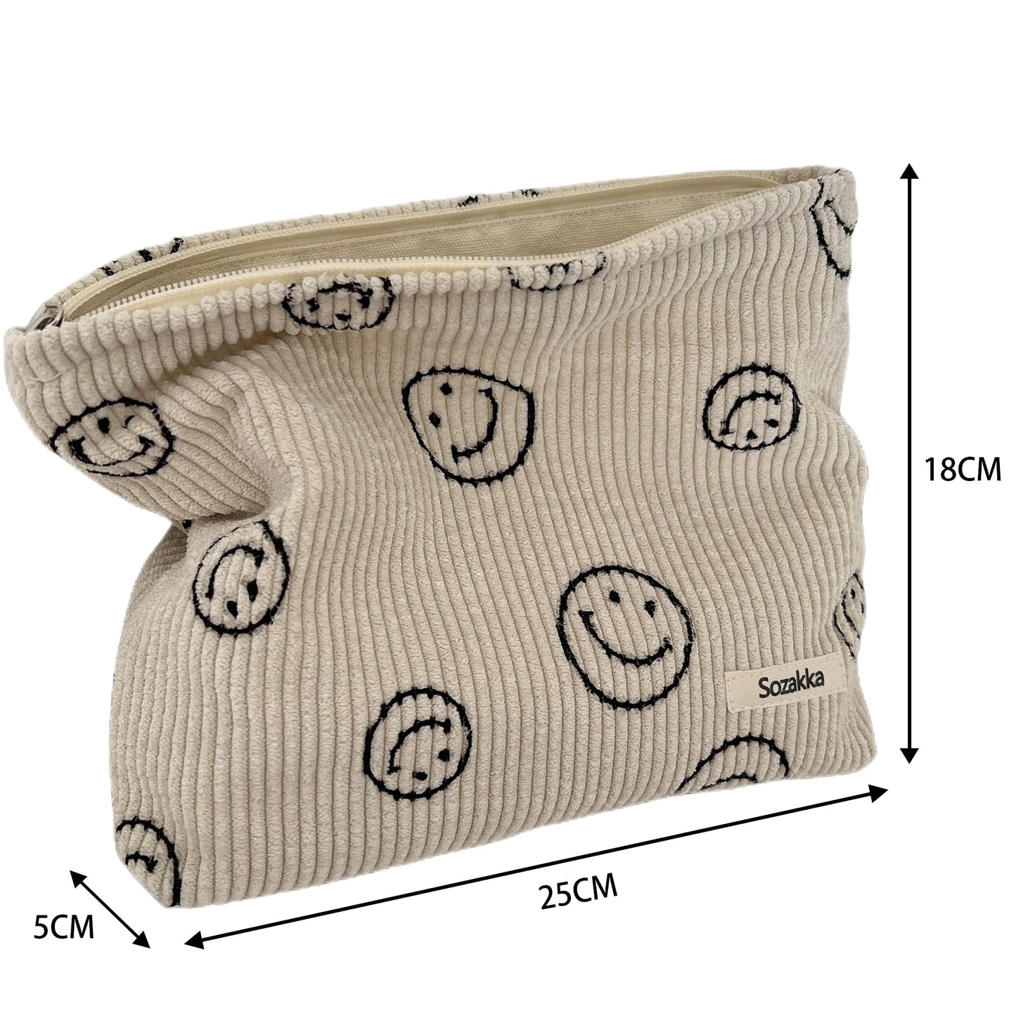 Corduroy Cosmetic Bag for Women – Aesthetic Makeup Organizer Pouch, Smile Dots Travel Storage Bag, Cute Handbag & Purse (Beige)