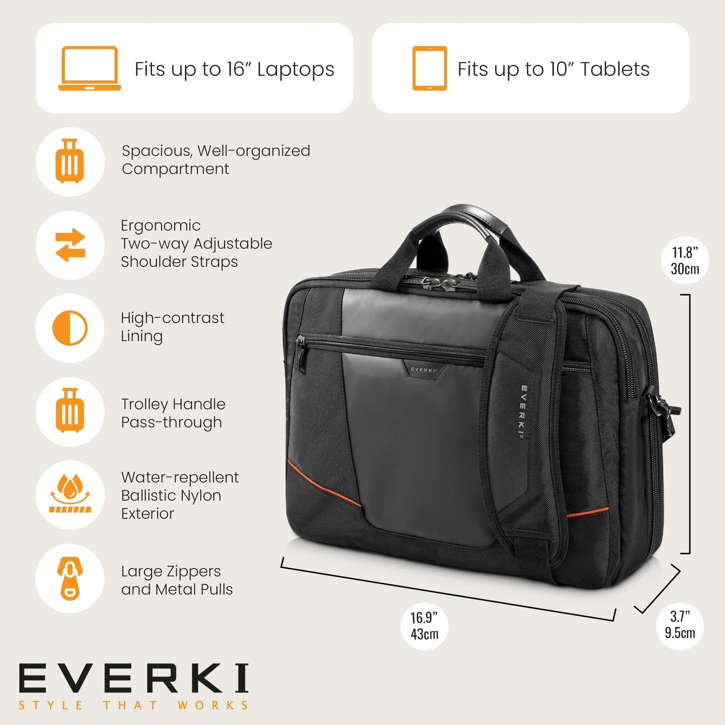 EVERKI Flight Business Laptop Briefcase Bag - Travel Checkpoint Friendly & Heavy Duty Laptop Briefcases for Men, Business Travel Bag with Lap top