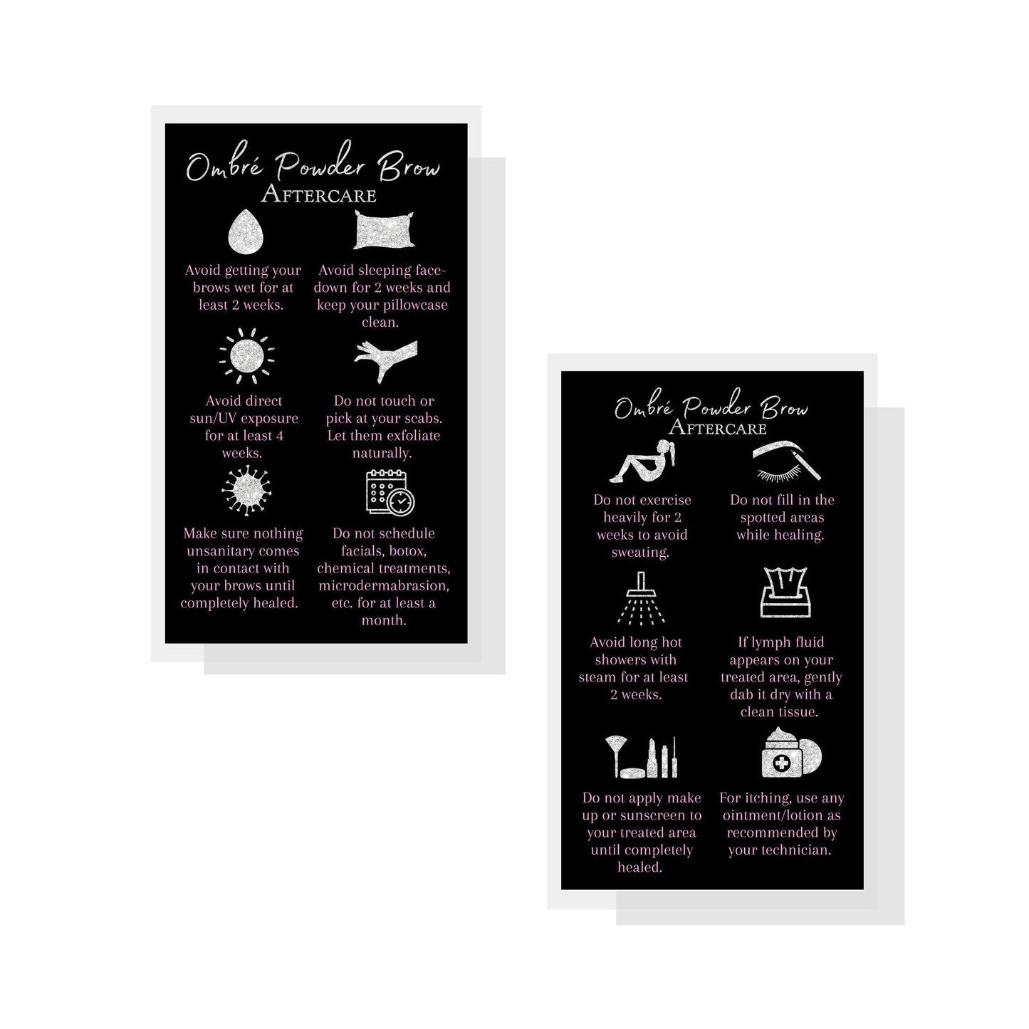 Ombre Powder Brow Aftercare Instructions Cards | Package of 50 | Size 2x3.5" inches Business Card | Black, Silver Glitter, and Light Pink Design