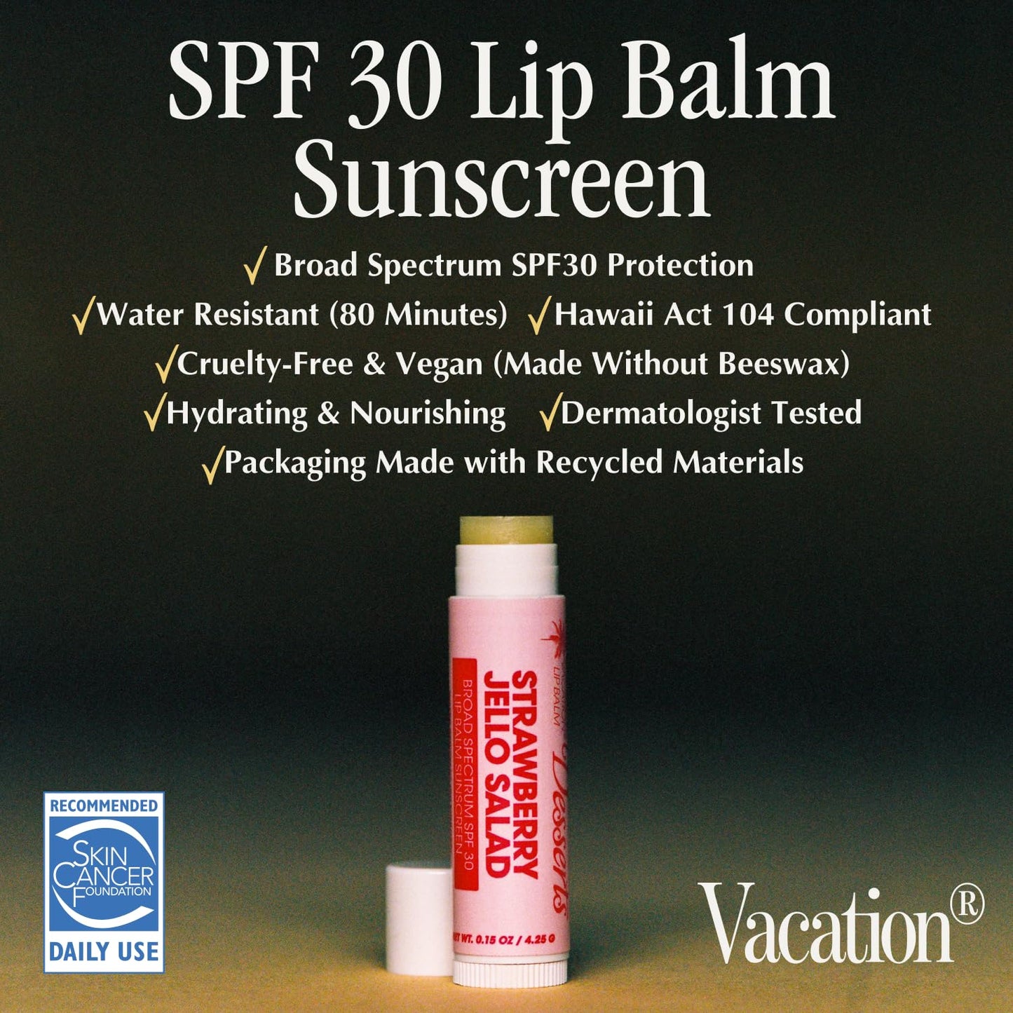 Vacation Strawberry Jello Salad SPF 30 Lip Balm, Hydrating Sunscreen for Lips, Water-Resistant, Lightweight, Transparent Sheen, Vegan Formula Made