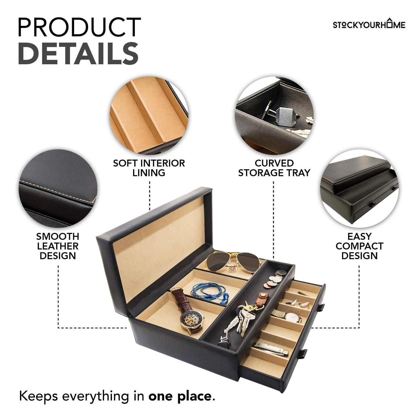 Stock Your Home Mens Valet Tray, Men's Jewelry Box, Night Stand Organizers and Storage, Bedside Table Organizer, Watch Box for Dresser, Faux Leather…