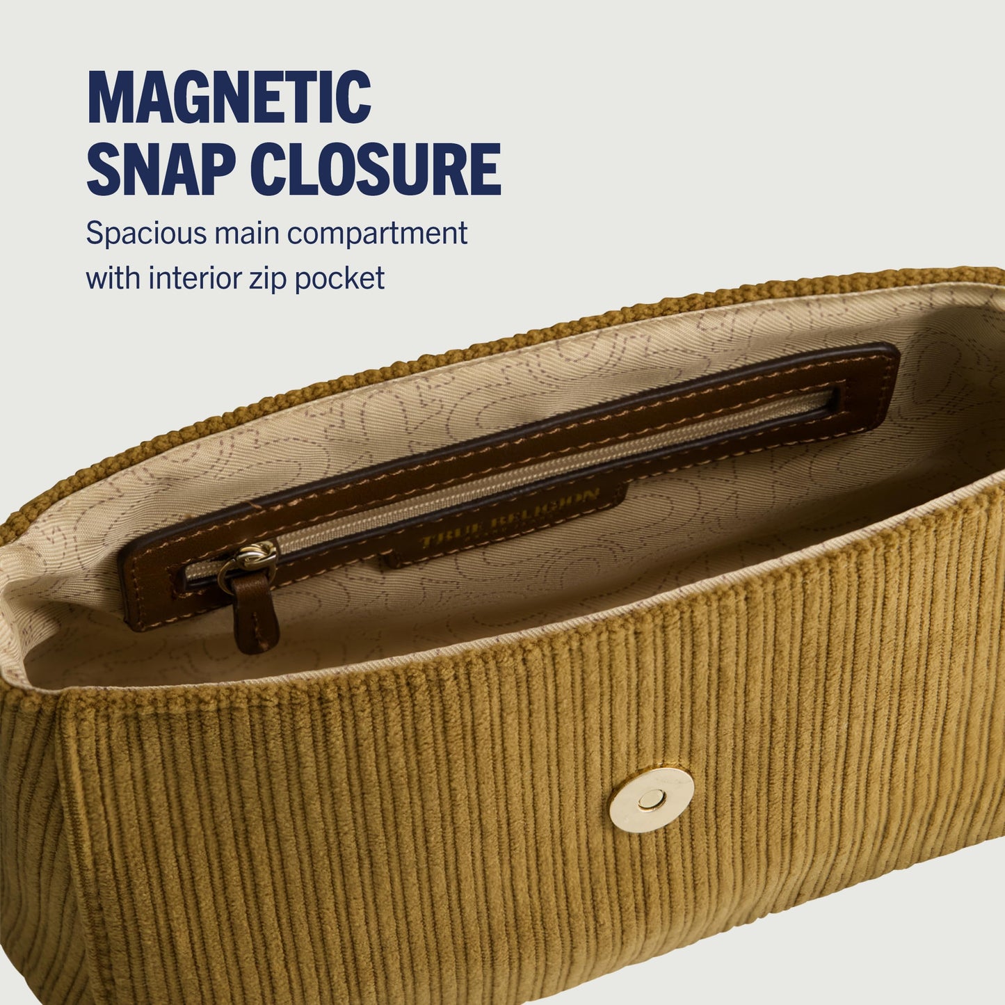 True Religion Women's Satchel Bag Purse, Corduroy Mini Crossbody Travel Handbag with Adjustable Shoulder Strap, Brown