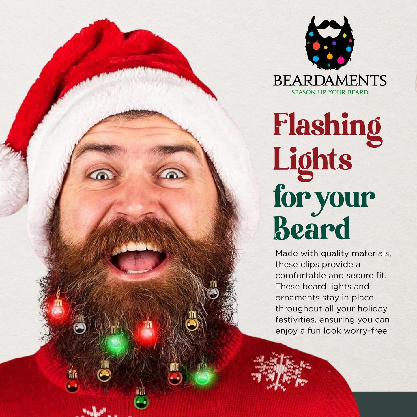 Beardaments Beard Lights - Light-Up Beard Ornaments for Men - Colorful Christmas Beard Baubles with Easy Clip Attachment - Funny Christmas Ornaments