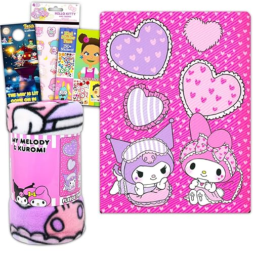 Hello Sanrio Sanrio Hello Kitty Fleece Blanket Set - My Melody and Kuromi Blanket Bundle with Hello Kitty Stickers and More for Kids Full