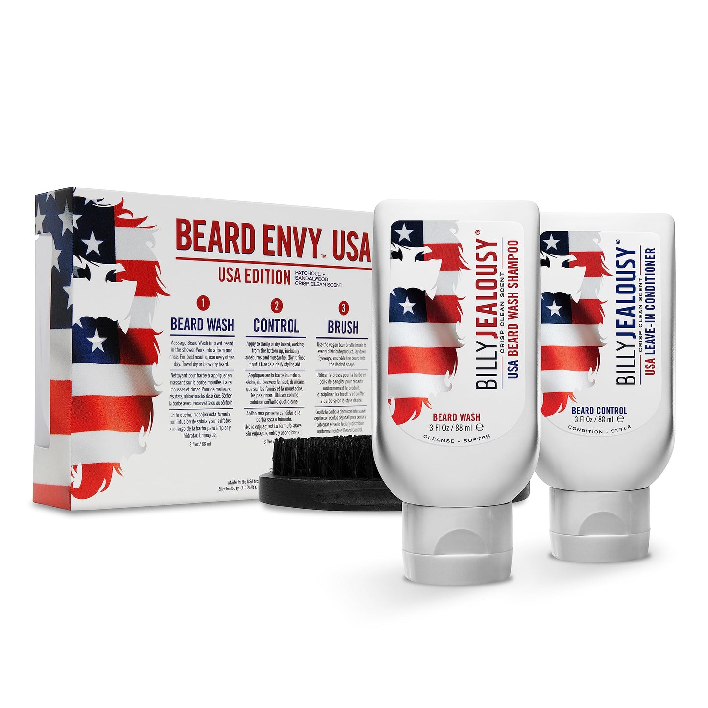 Billy Jealousy USA Beard Envy Facial Hair Refining Kit with Beard Wash Facial Hair Control and Boar Bristle Brush for Clean, Hydrated, Soft, Tamed