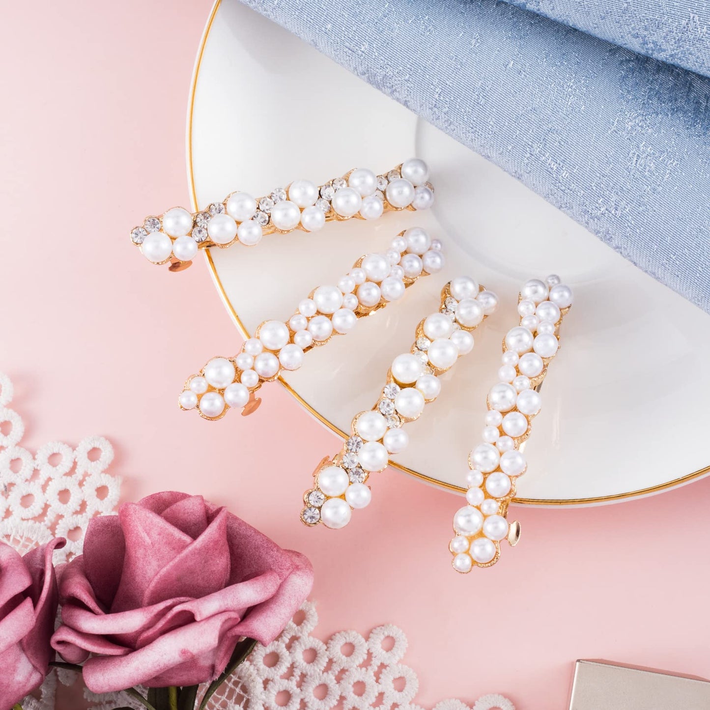 OIIKI Pearl Rhinestone Hair Snap Clips - Elegant Barrettes with Pins for Women, Girls, Brides, Parties, Wedding, Daily Use - Gold