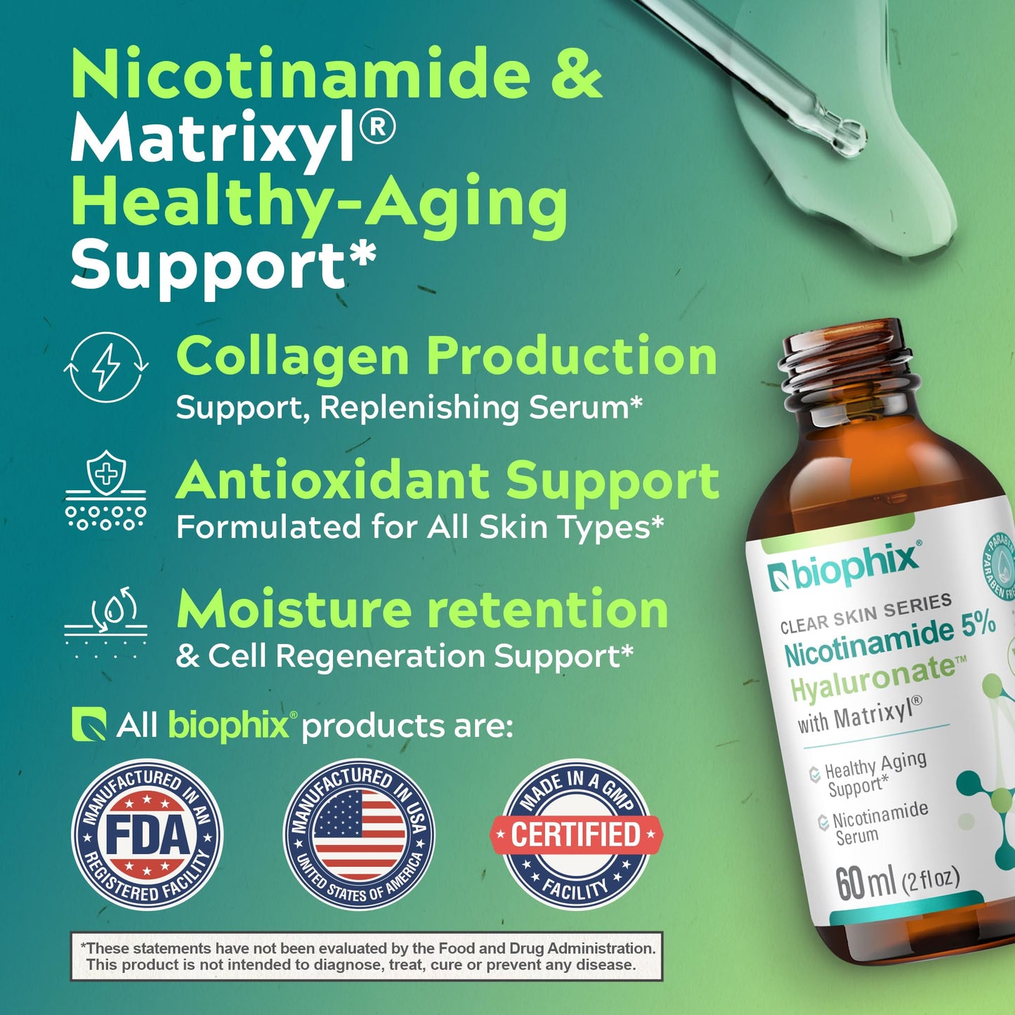 biophix B-3 Nicotinamide Age-Defying Liquid Serum 2 oz - Hyaluronic Acid - Matrixyl ® - Supports Skin Health - Healthy Aging