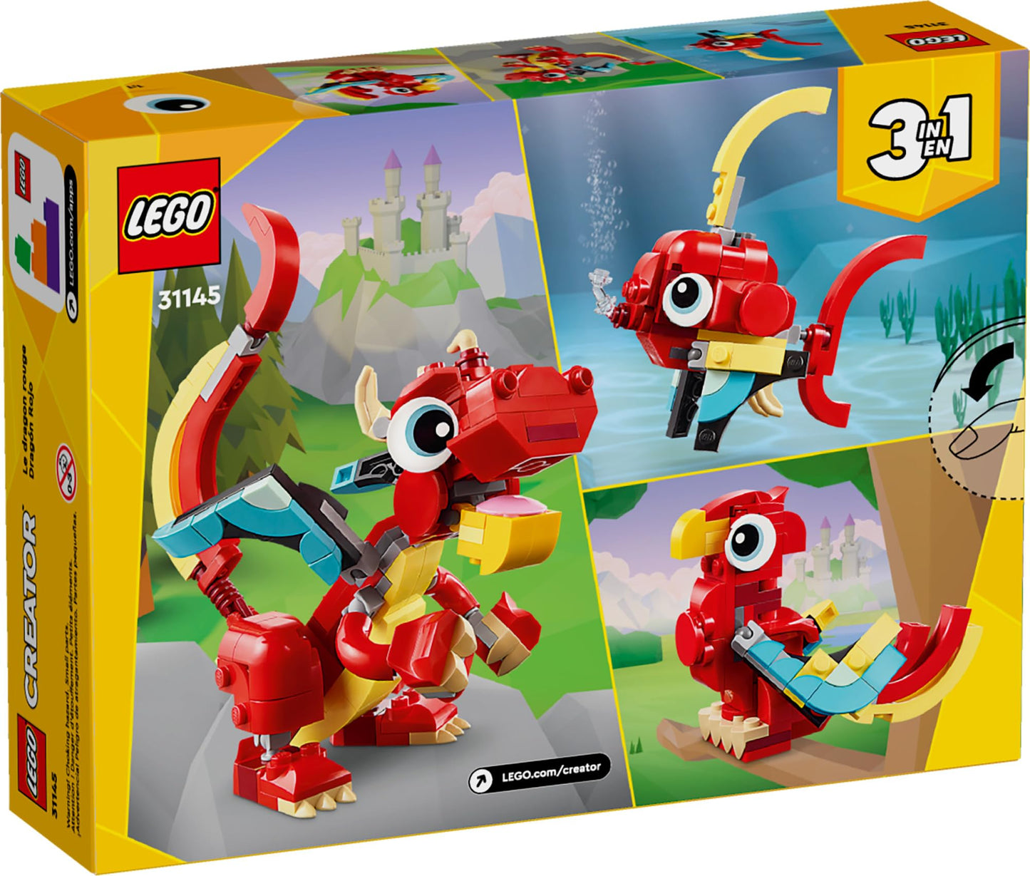 LEGO Creator 3 in 1 Red Dragon Toy 31145, Builds Dragon, Fish or Phoenix, Animal Building Set Gift for Kids Ages 6+