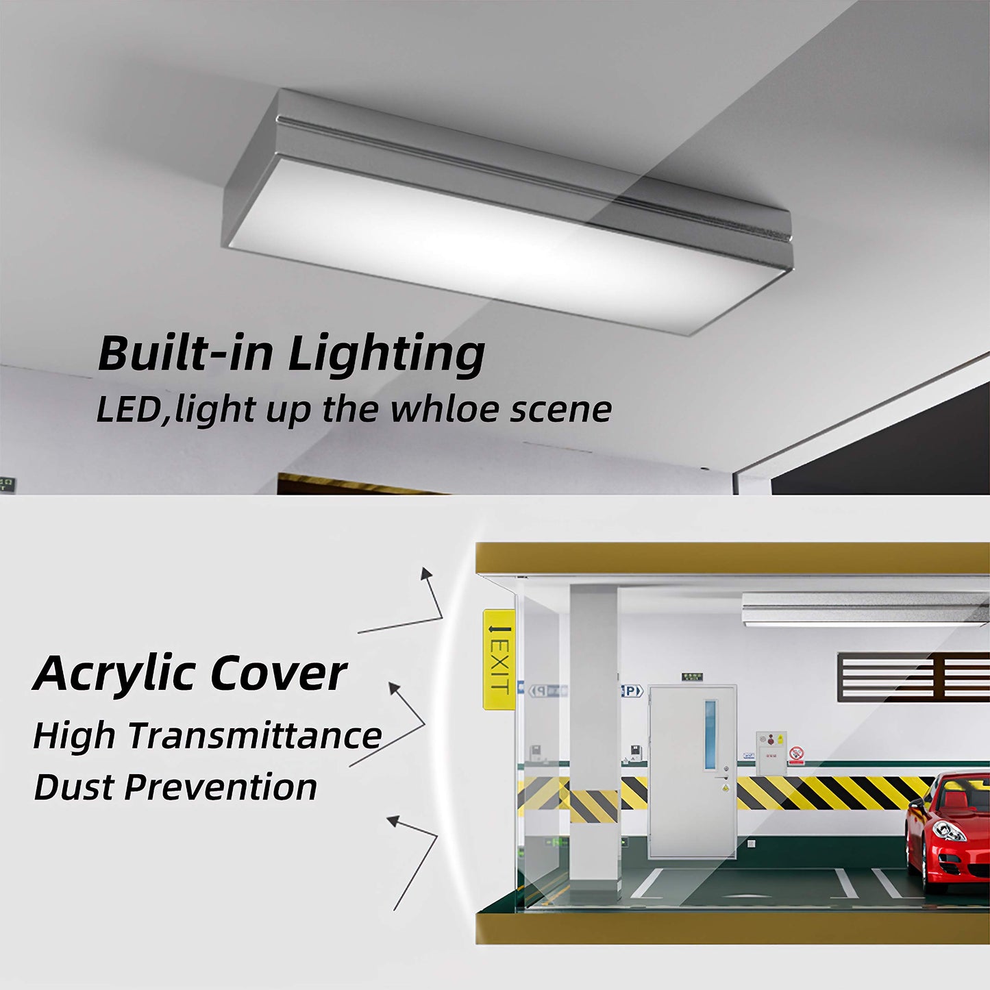 1:24 Scale Die-Cast Car Garage Display Case with Transparent Acrylic Cover and LED Lighting for 3 Parking Spaces (2A)