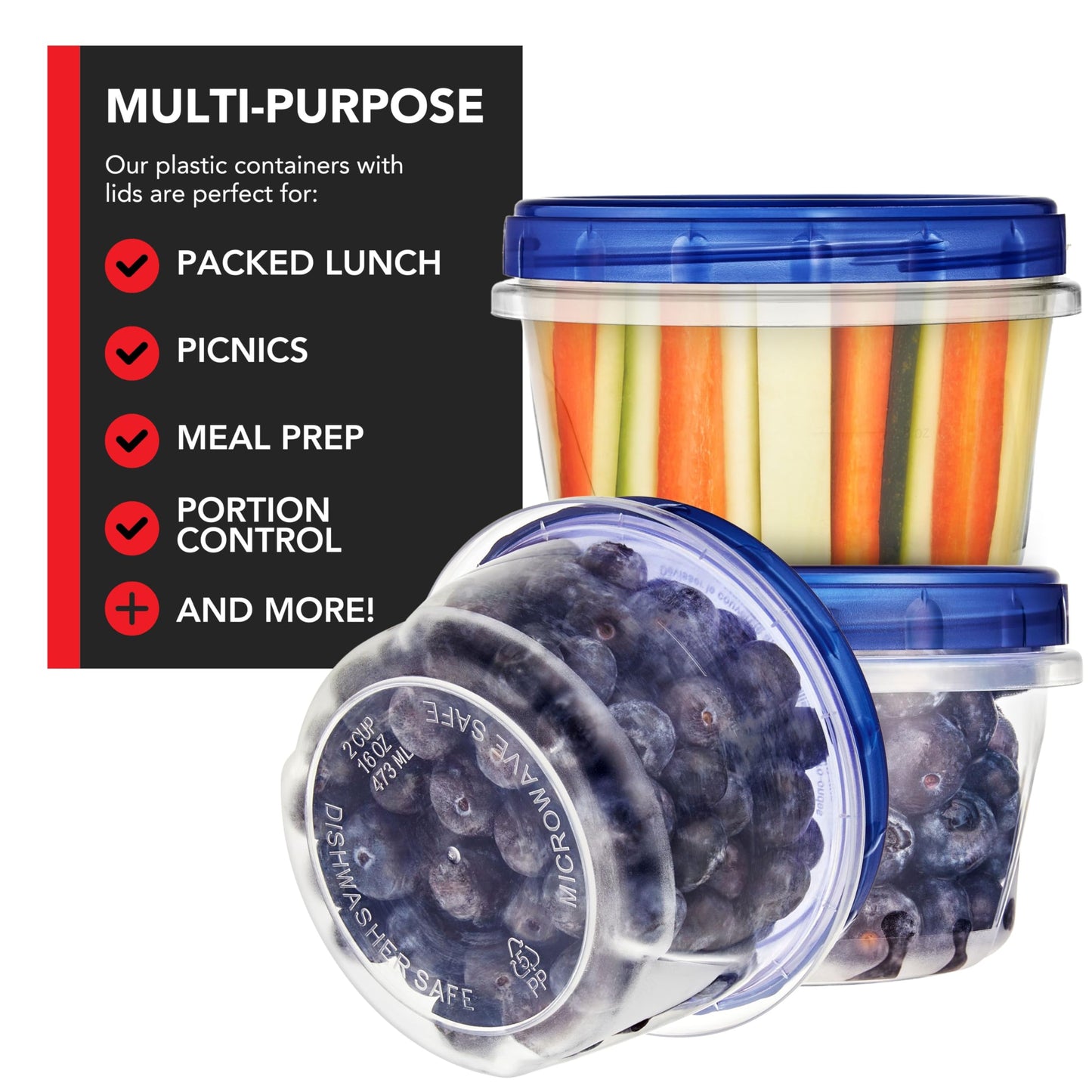 Stock Your Home 16oz Plastic Containers with Twist Top Lids (10 Pack), 2 Cup Freezer Containers with Lids for Leftover Food, Airtight Reusable Soup…