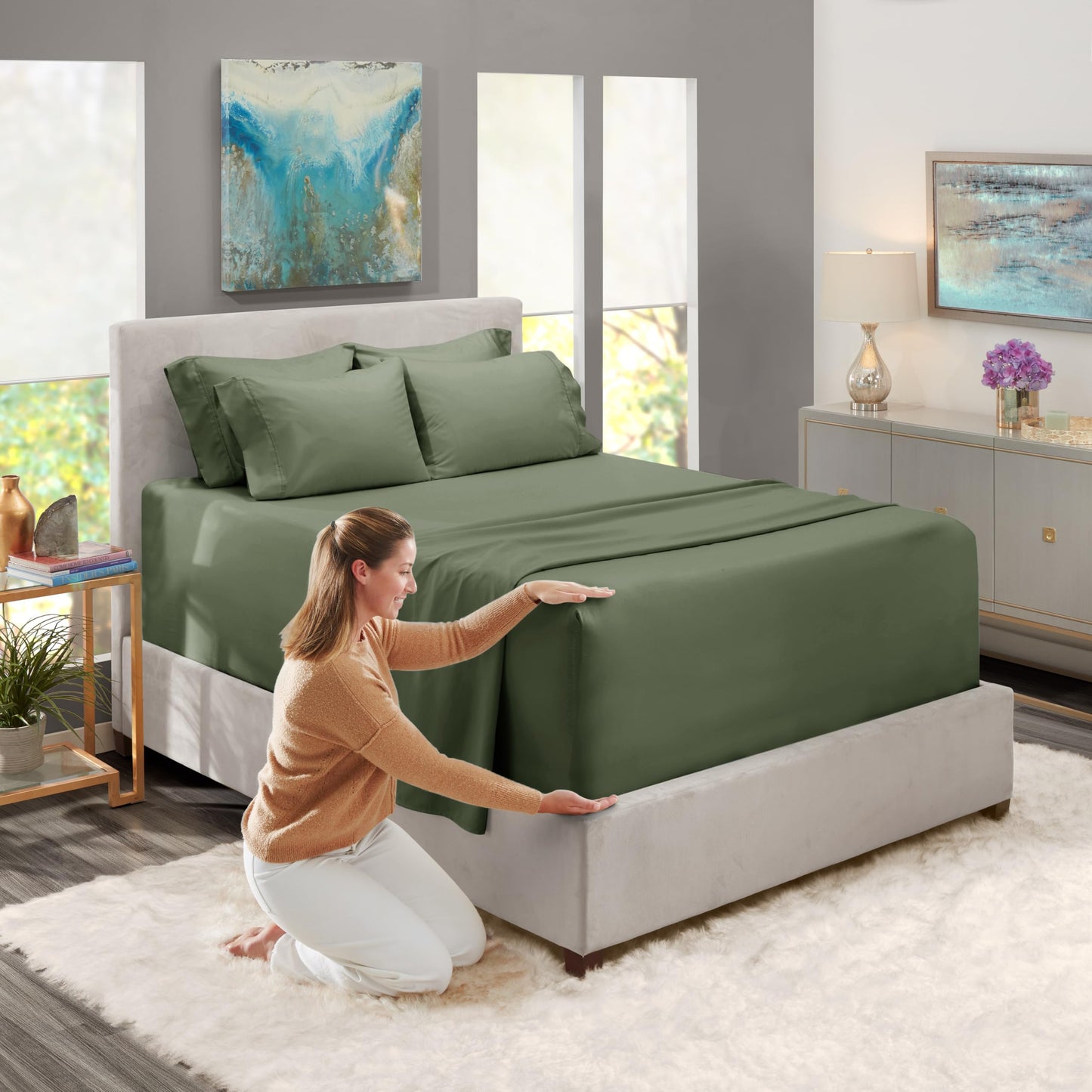 Hearth & Harbor Extra Deep Pocket Sheet Sets, Luxury Soft 6 Piece Bed Sheet Set Fits Mattress 18-24 Inches - King, Olive Green