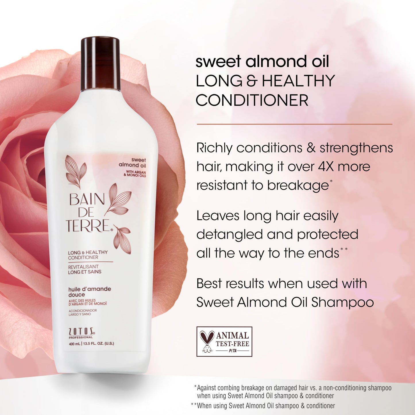 Bain de Terre Sweet Almond Oil Long & Healthy Conditioner, Strength & Protection for Weak, Damaged Hair, with Argan & Monoi Oils, Paraben-Free