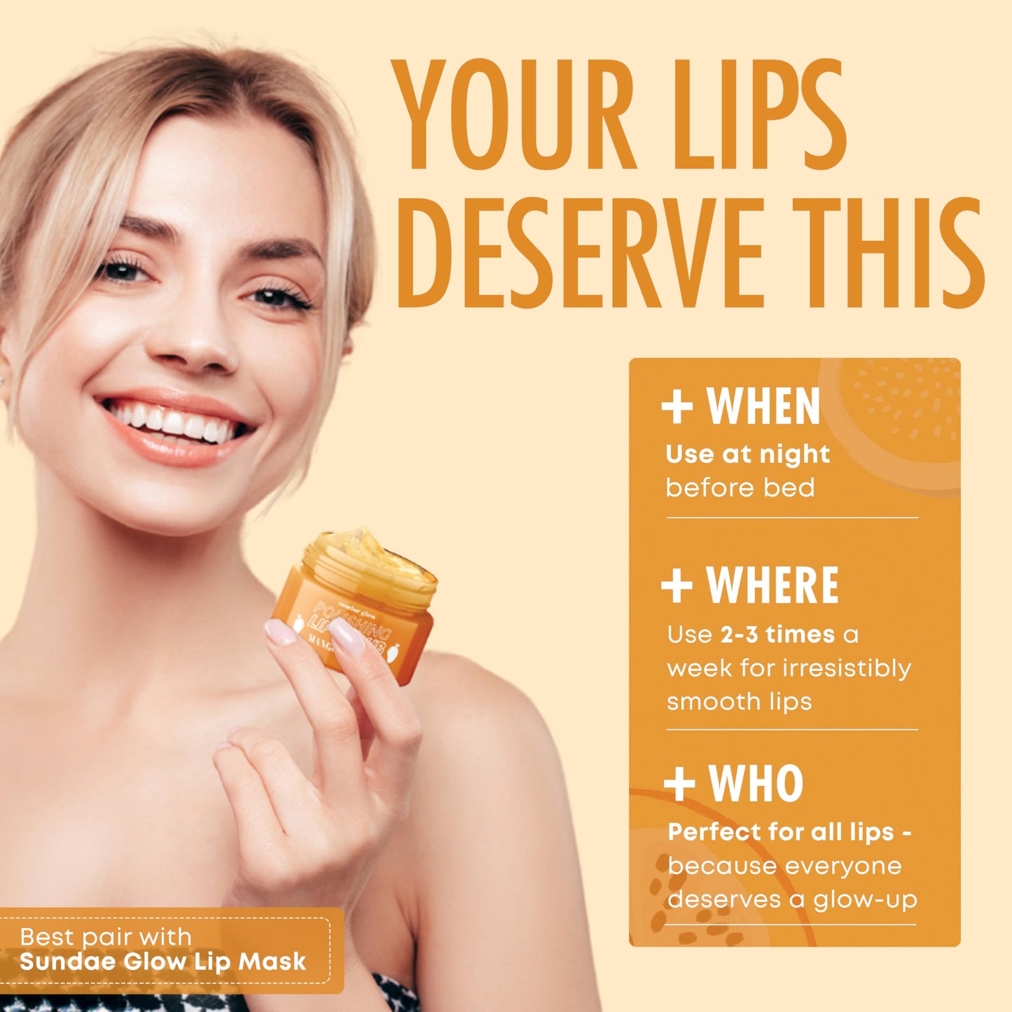 Sundae Glow Lip Scrub with Mango Vanilla - Exfoliates, Hydrates & Repairs - Smooths, Softens & Revitalizes Dry Lips - Dermatologist Tested, Korean