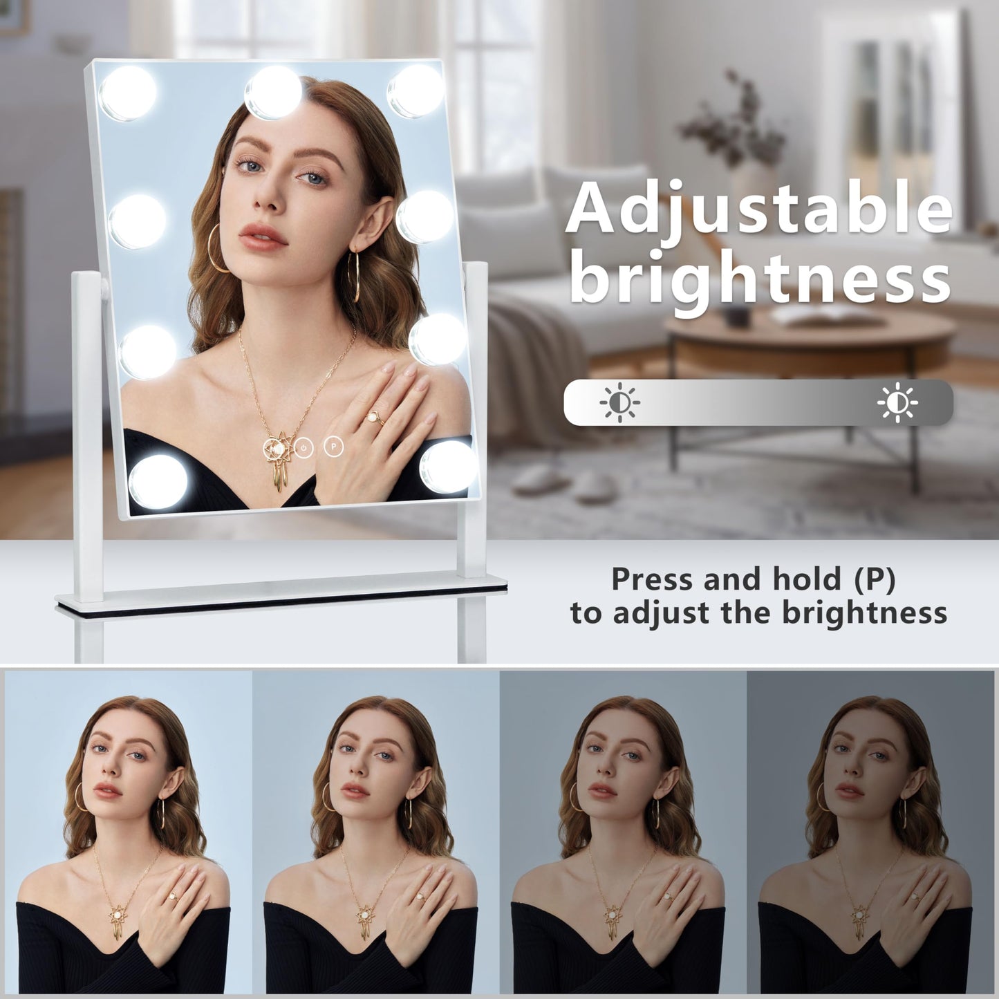 Vanity Mirror with Lights,Lighted Vanity Mirror with 9 Dimmable Bulbs for Dressing Room & Bedroom,3 Color Lighting,Modes Detachable 10x Magnification