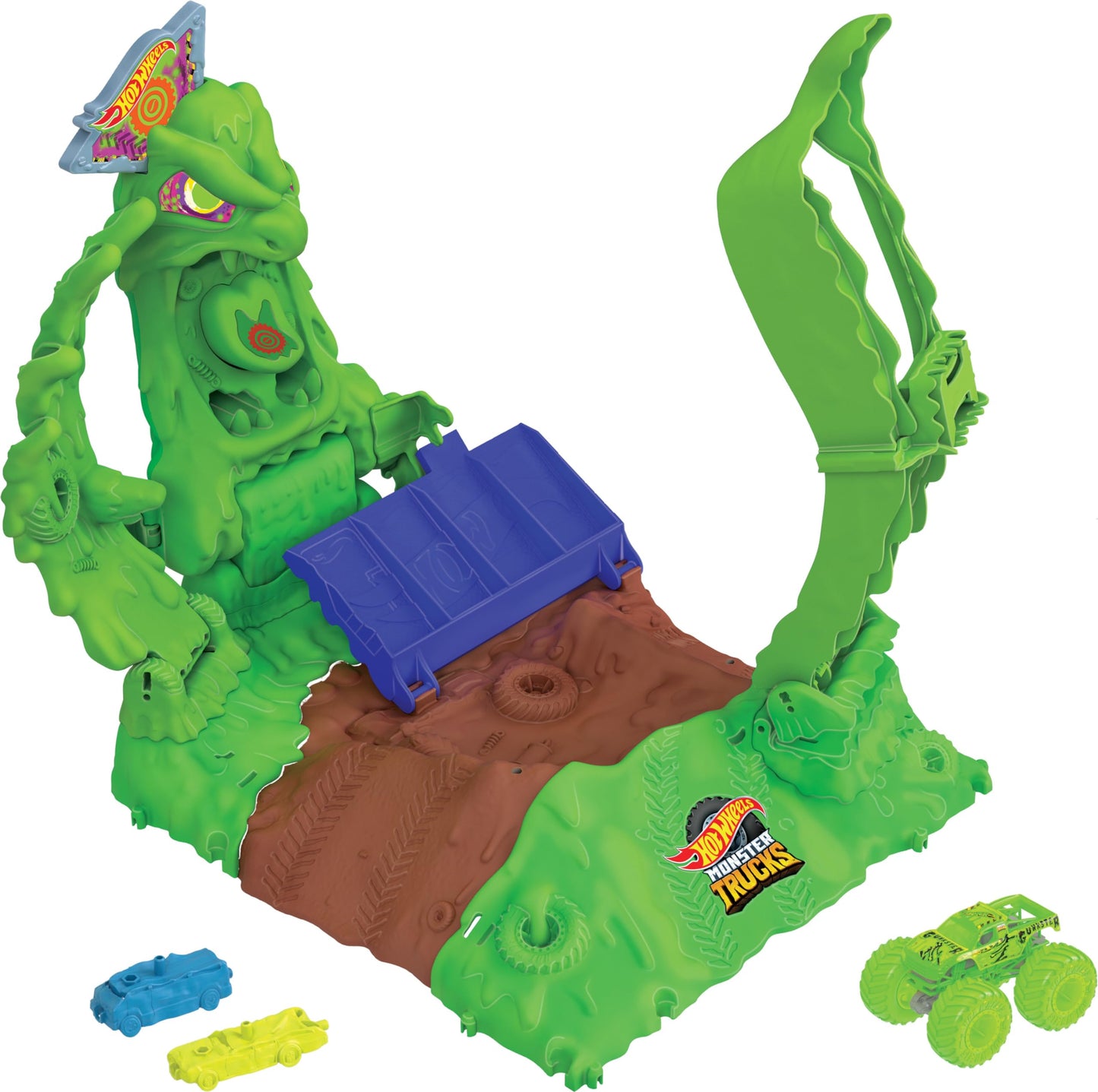 Hot Wheels Monster Trucks Arena Smashers Glow-in-The-Dark Gunkster Playset with 1 Glow-in-The-Dark 1:64 Scale Gunkster Toy Truck & 2 Crushable Cars