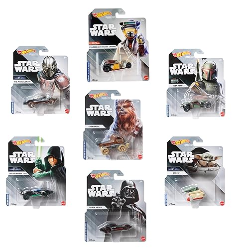 Hot Wheels Star Wars Studio Character Cars - Complete 7‑Pack (HHB74‑956H) | Luke, Darth Vader, Chewbacca, Mandalorian, Boba Fett, Princess Leia…