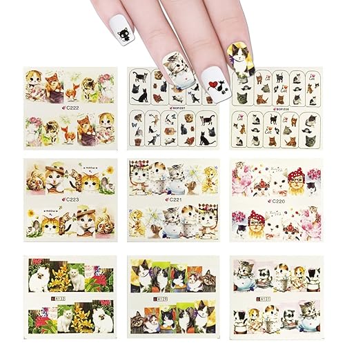 ALLYDREW 22 Sheets Cat Nail Art Water Slide Cat Nail Decals Kitty Water Transfer Nail Decals