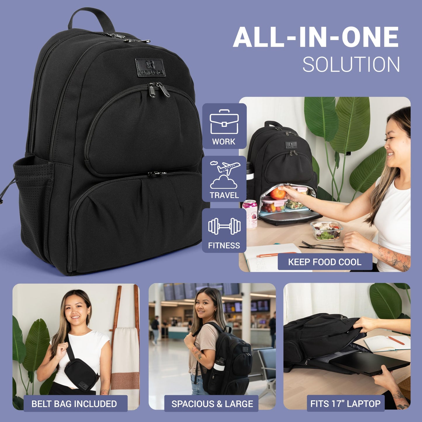 Varibasics Alira - Women's Lunch Backpack with Cooler Compartment and Belt Bag, Premium Neoprene Bag with Insulated Waterproof Lining, Great for Work, School, Travel and Moms, Fits 17" Laptop - Black