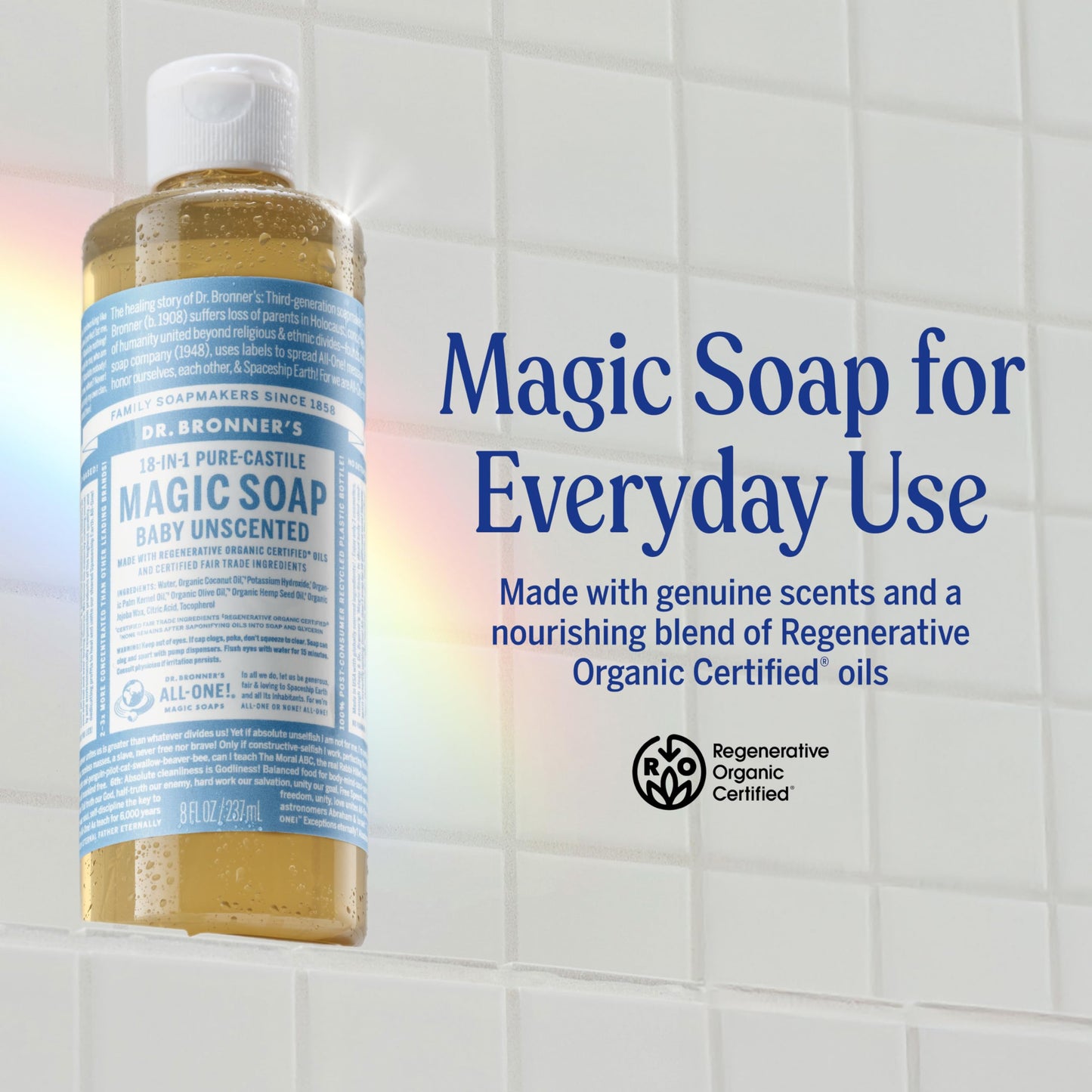 Dr. Bronner's Pure-Castile Magic Liquid Soap (Baby Unscented, 8 Ounce)- Made with Regenerative Organic Certified Oils, For Face, Body Wash, Baby Soap