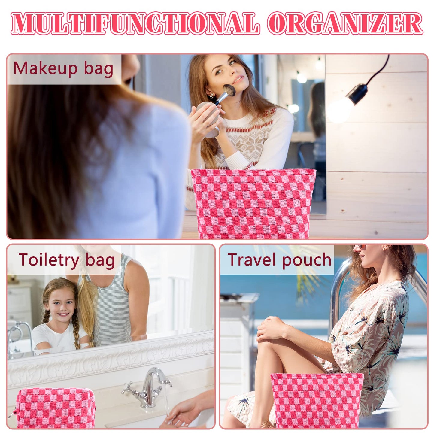 ZLFSRQ 2Pcs Checkered Makeup Bag Set – Large & Small Cosmetic Travel Toiletry Pouches for Women, Cute Preppy Pink Zipper Bags