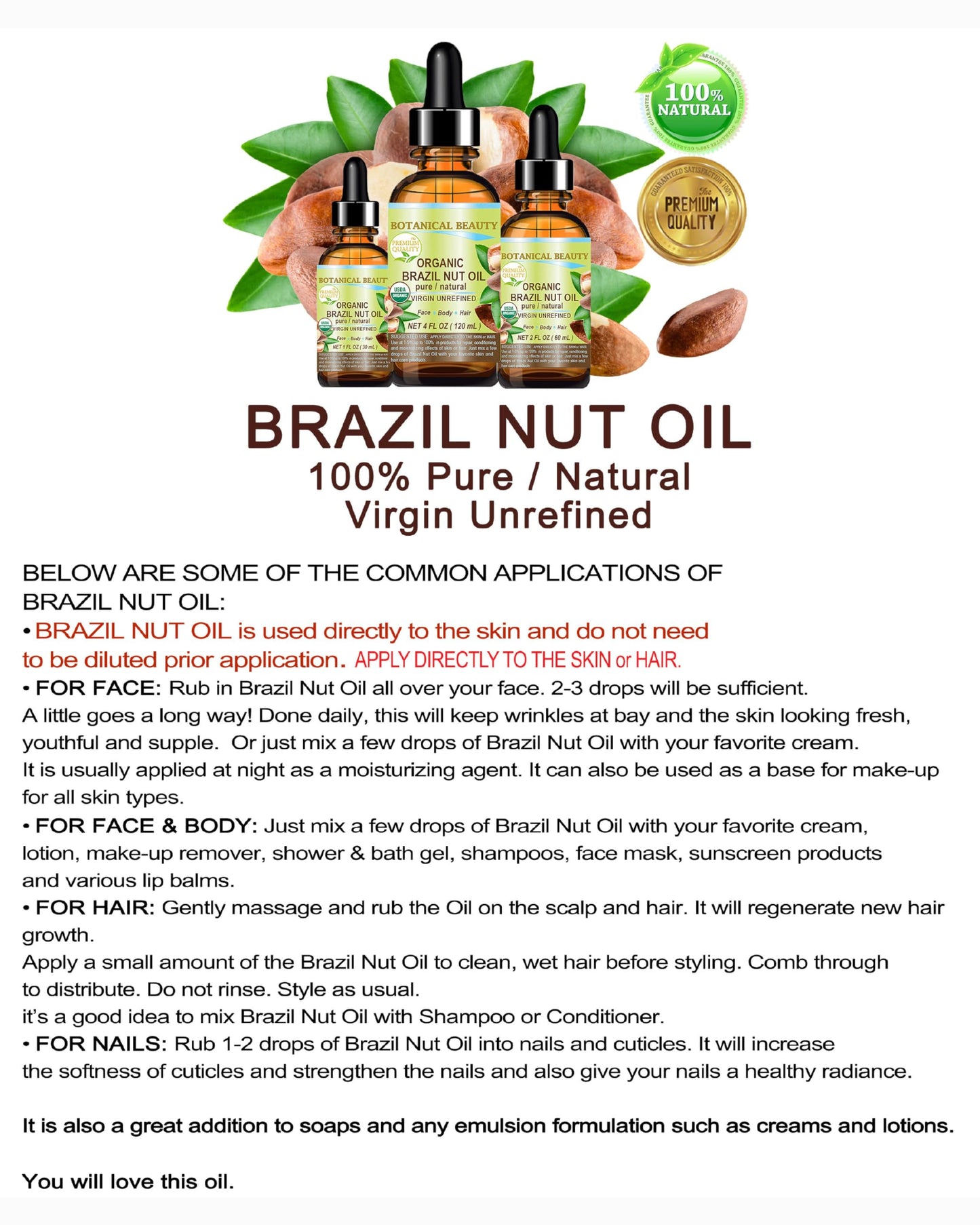 Botanical Beauty Organic BRAZIL NUT OIL Bertholletia Excelsa WILD GROWTH RAW Brazilian 100% Pure Natural Virgin Unrefined for FACE, SKIN, BODY, HAIR