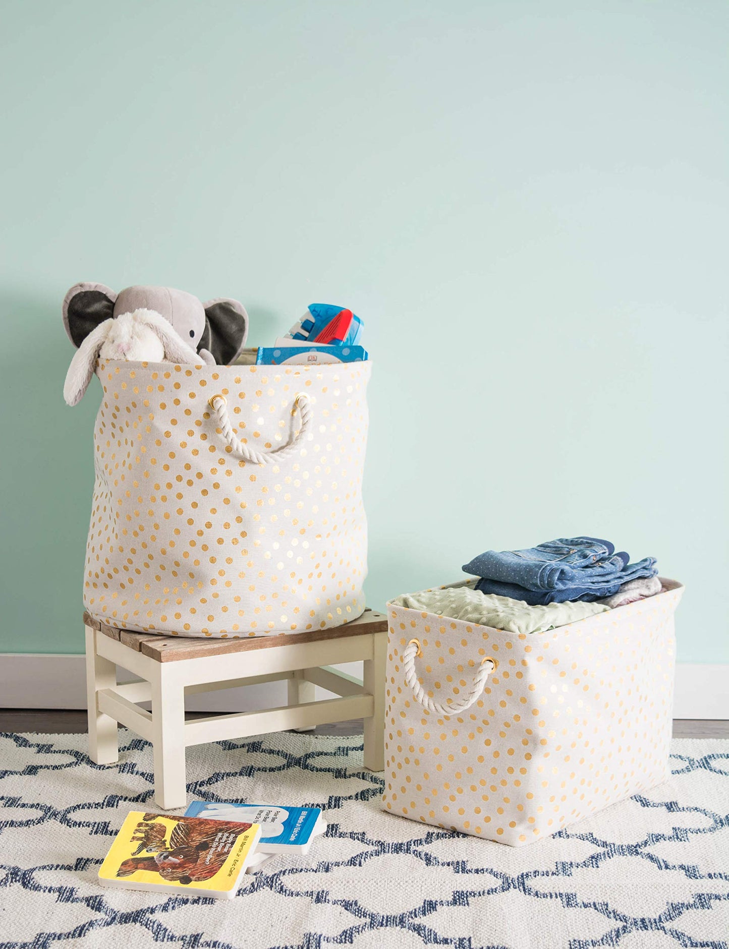 DII Polyester Storage Bin, Gold Metallic Collection Collapsible with Handles, Large, Natural Off-White