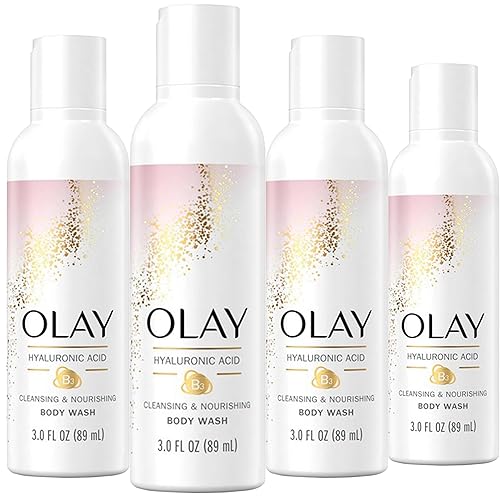 Olay Cleansing & Nourishing Body Wash for Women, 4 Pack, Hydrating Body Wash with Hyaluronic Acid and Vitamin B3, Travel Size 3 oz each