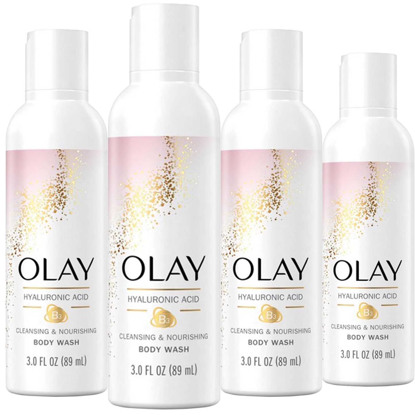 Olay Cleansing & Nourishing Body Wash for Women, 4 Pack, Hydrating Body Wash with Hyaluronic Acid and Vitamin B3, Travel Size 3 oz each