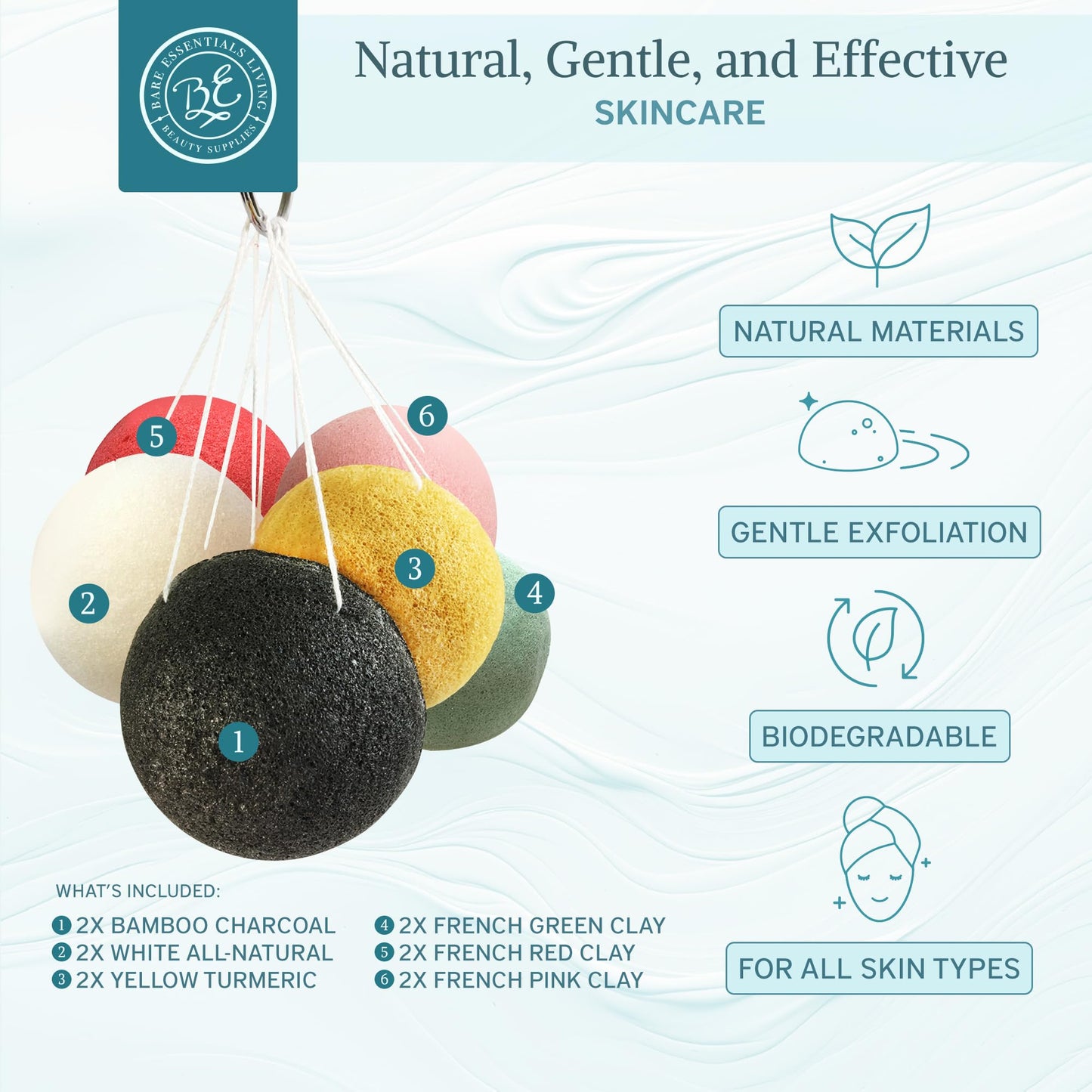 Bare Essentials Living - Konjac Sponges Set (12 Pack) with Activated Bamboo Charcoal Facial Sponge, Natural, Great for Facials, Bath, and Exfoliating