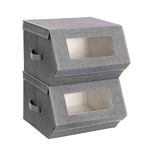 SONGMICS Stackable Storage Bins Set of 2, Storage Boxes with Lids and Front Windows, Non-Woven Fabric Closet Organizers with Magnetic Closures, Side…