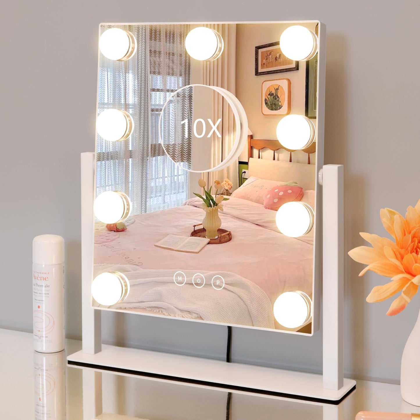 Vanity Mirror with Lights,Lighted Vanity Mirror with 9 Dimmable Bulbs for Dressing Room & Bedroom,3 Color Lighting,Modes Detachable 10x Magnification