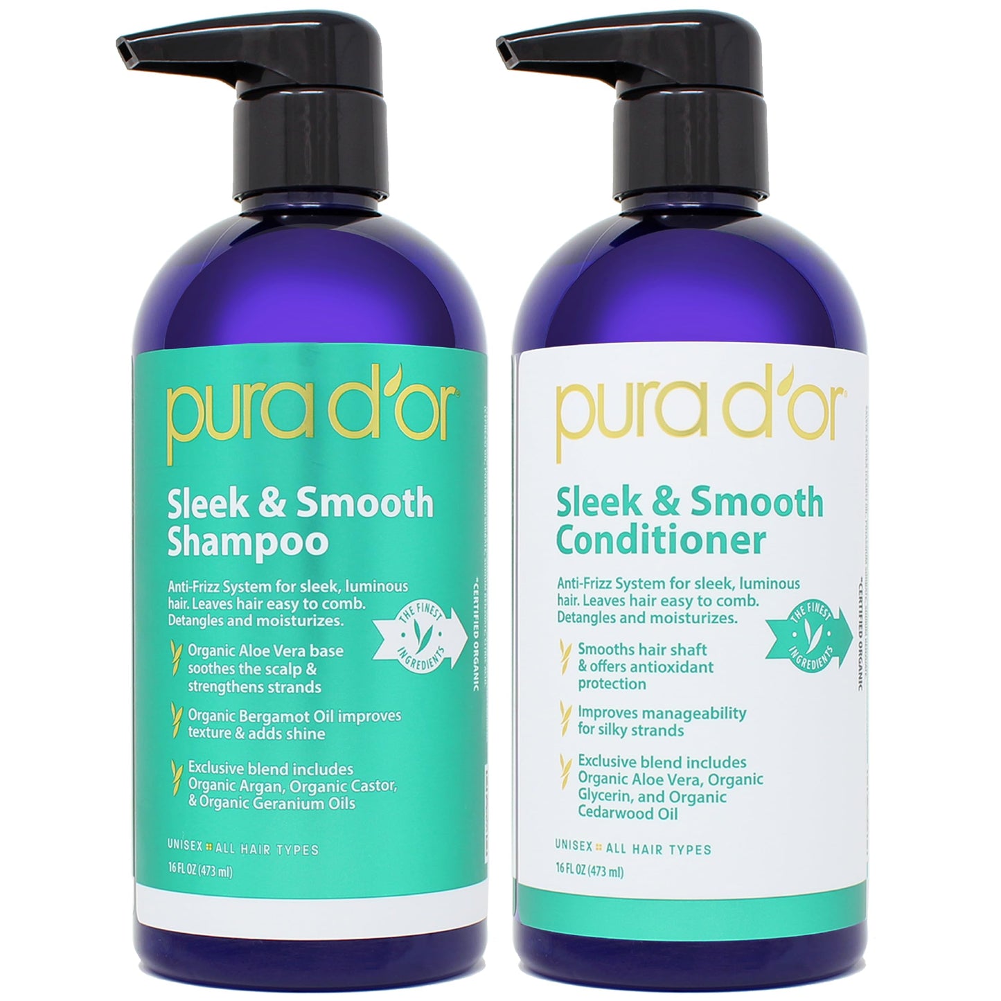 PURA D'OR Sleek & Smooth Shampoo and Conditioner Set For Frizz-Free & Silky Smooth Hair, Infused with Organic Aloe Vera, Argan Oil, Castor Oil