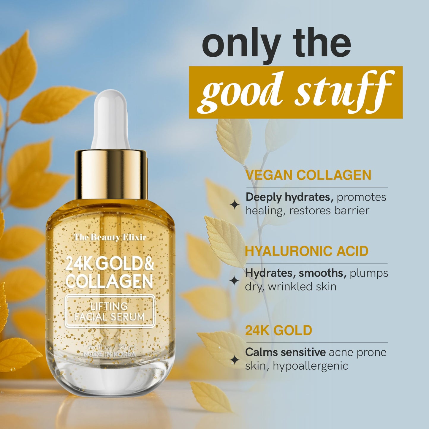 The Beauty Elixir Collagen Serum For Face with 24k Gold - Dermatologist Tested - Anti Aging, Ultra Hydrating, Fine Lines & Wrinkle Treatment - Clean