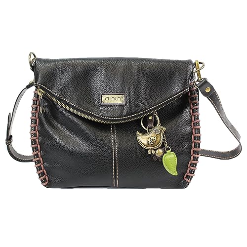 Chala Charming Crossbody Bag With Flap Top and Zipper Black Cross-Body Purse or Shoulder Handbag with Metal Chain - Bird