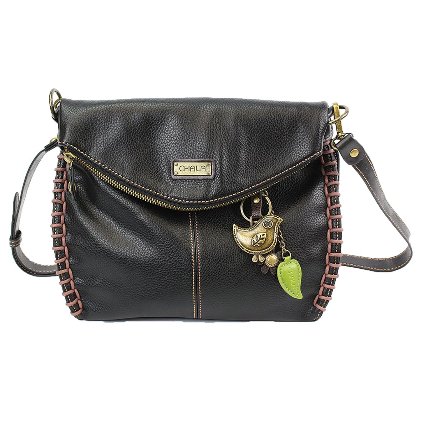 Chala Charming Crossbody Bag With Flap Top and Zipper Black Cross-Body Purse or Shoulder Handbag with Metal Chain - Bird