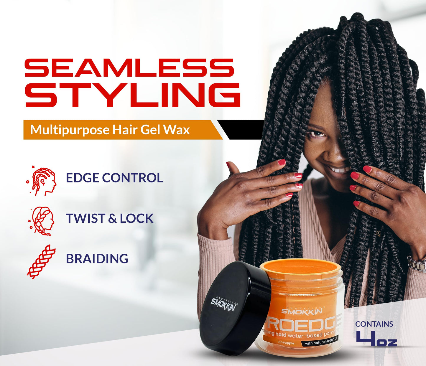 Smokkin Pro Edge Hair Styling Gel - Alcohol-Free, Water-Based Pomade with Strong Hold & Argan Oil - No Flakes, Edge Control, Twist & Braid Gel for Men