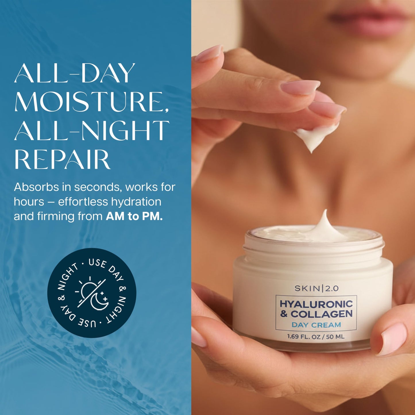Skin 2.0 Hyaluronic Acid & Collagen Face Moisturizer - Deep Hydration & Firming Cream for Smooth, Youthful Look - Dermatologist Tested, Korean Skin