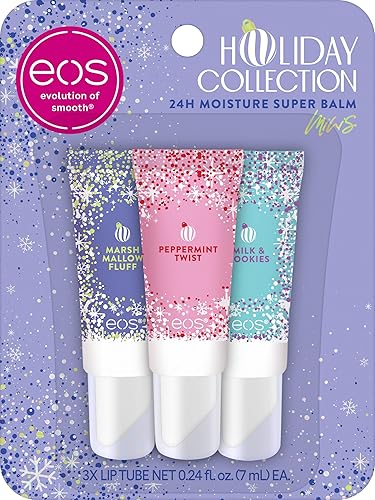 eos Holiday 24H Moisture Mini Super Balm Set, Peppermint Twist, Milk & Cookies, Marshmallow Fluff, Limited Edition Lip Care, Stocking Stuffers, 0.24