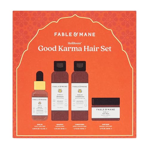 Fable & Mane Good Karma Hair Gift Set, for Stronger, Healthier Hair. Travel-sized Minis of HoliRoots Hair Oil, Hydrating Shampoo, Conditioner and Hair