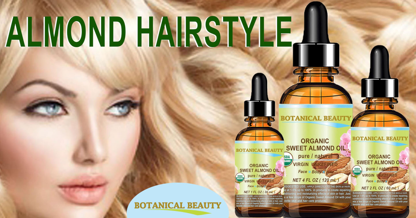Botanical Beauty Organic SWEET ALMOND OIL 100% Pure Natural Virgin Unrefined Undiluted Cold Pressed Carrier Oil for Face, Skin, Body, Hair, Massage