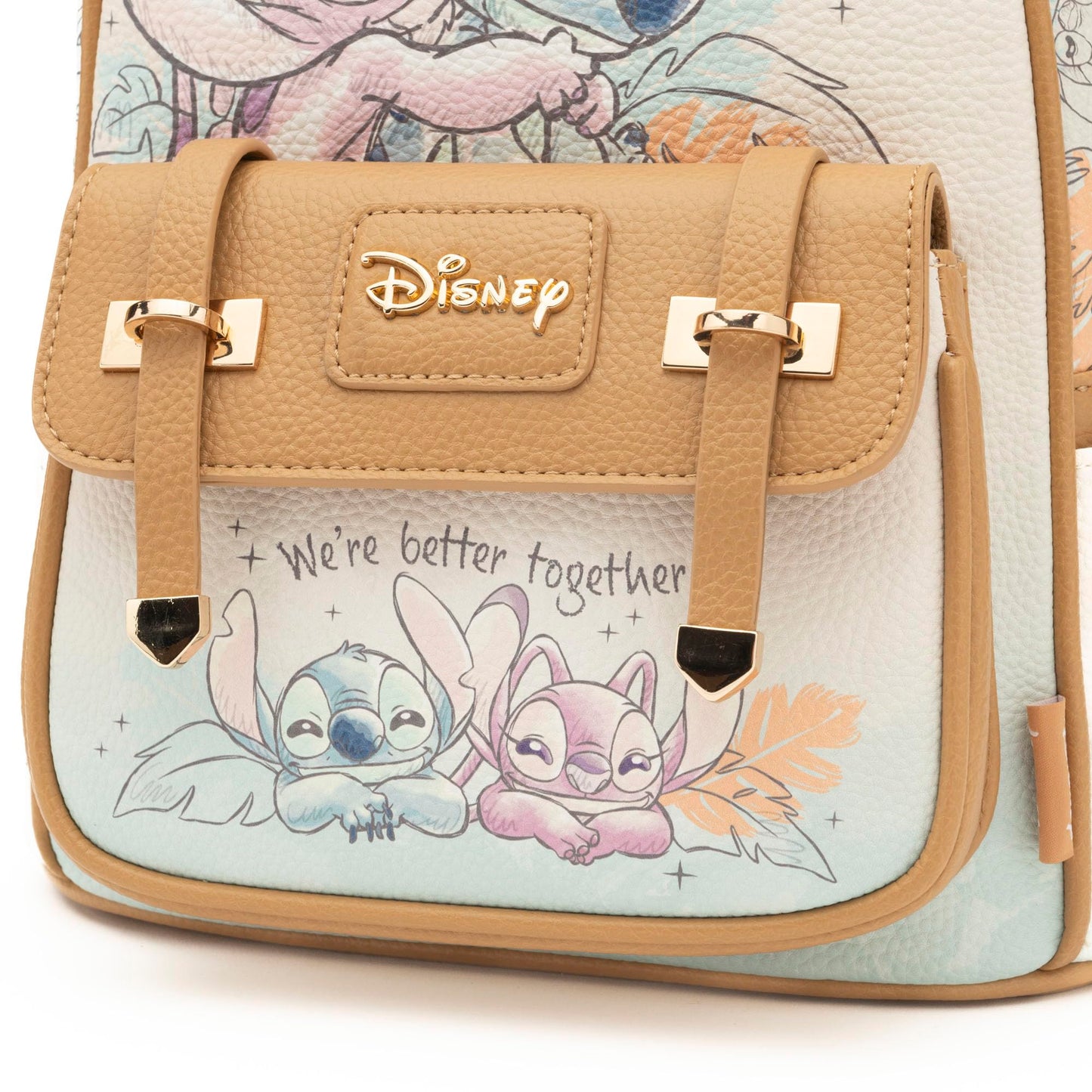 Wondapop - Stitch and Angel Hug It Out 11"" Vegan Leather Fashion Mini Backpack, Brown